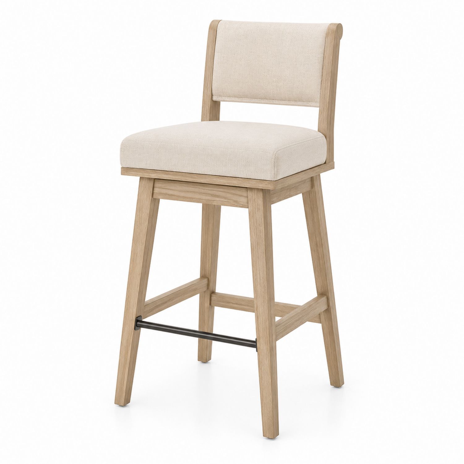 Sgabello da Bar in Legno con Seduta in Tessuto Beige