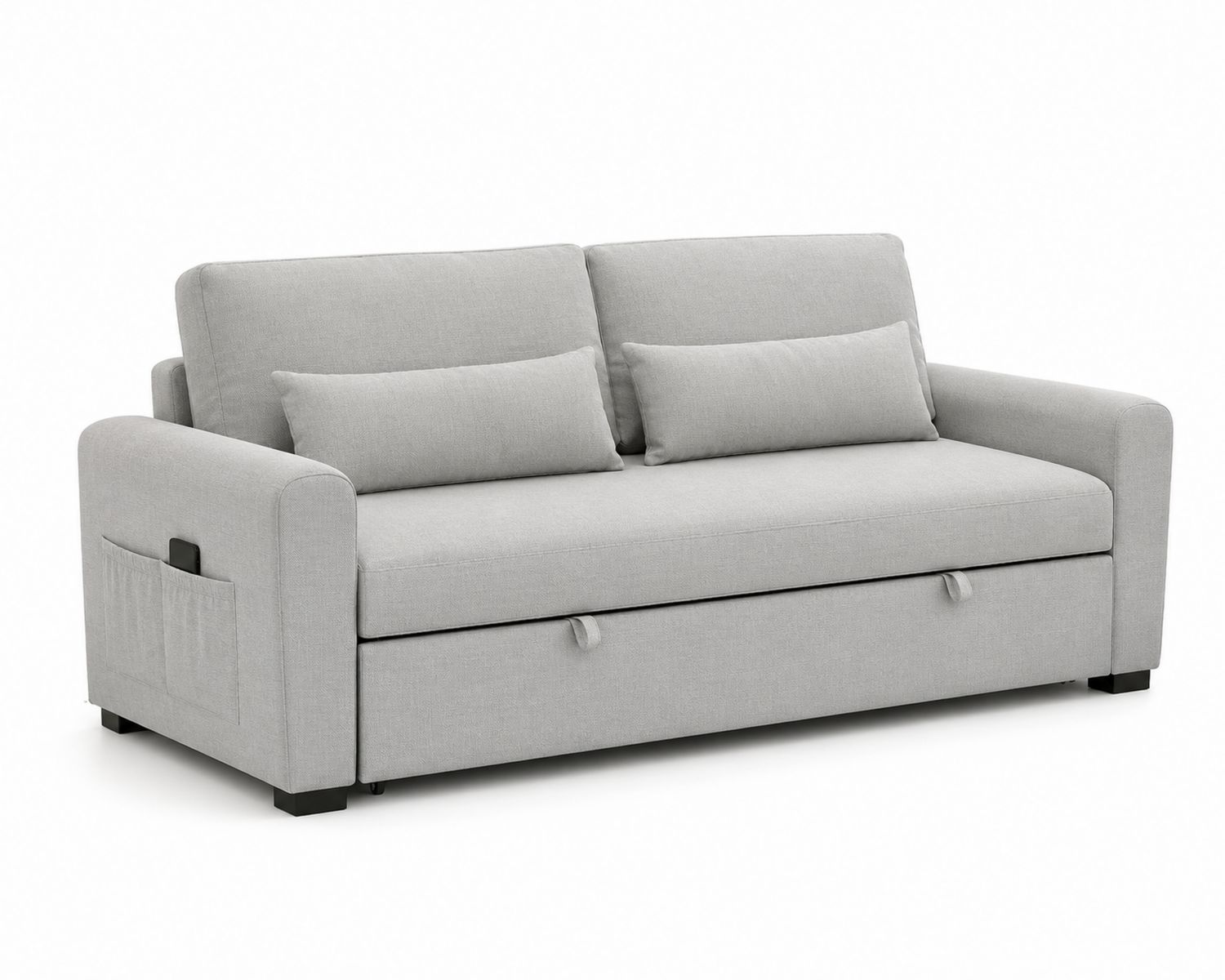 Divano letto in tessuto grigio con struttura in legno