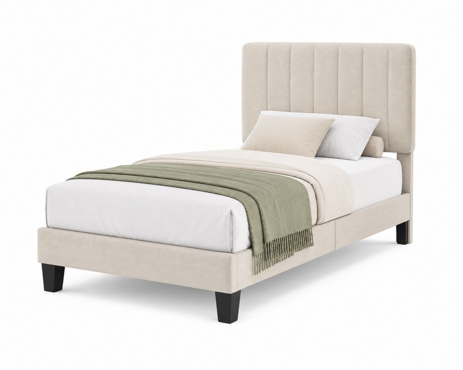 Letto singolo in tessuto beige con testiera alta