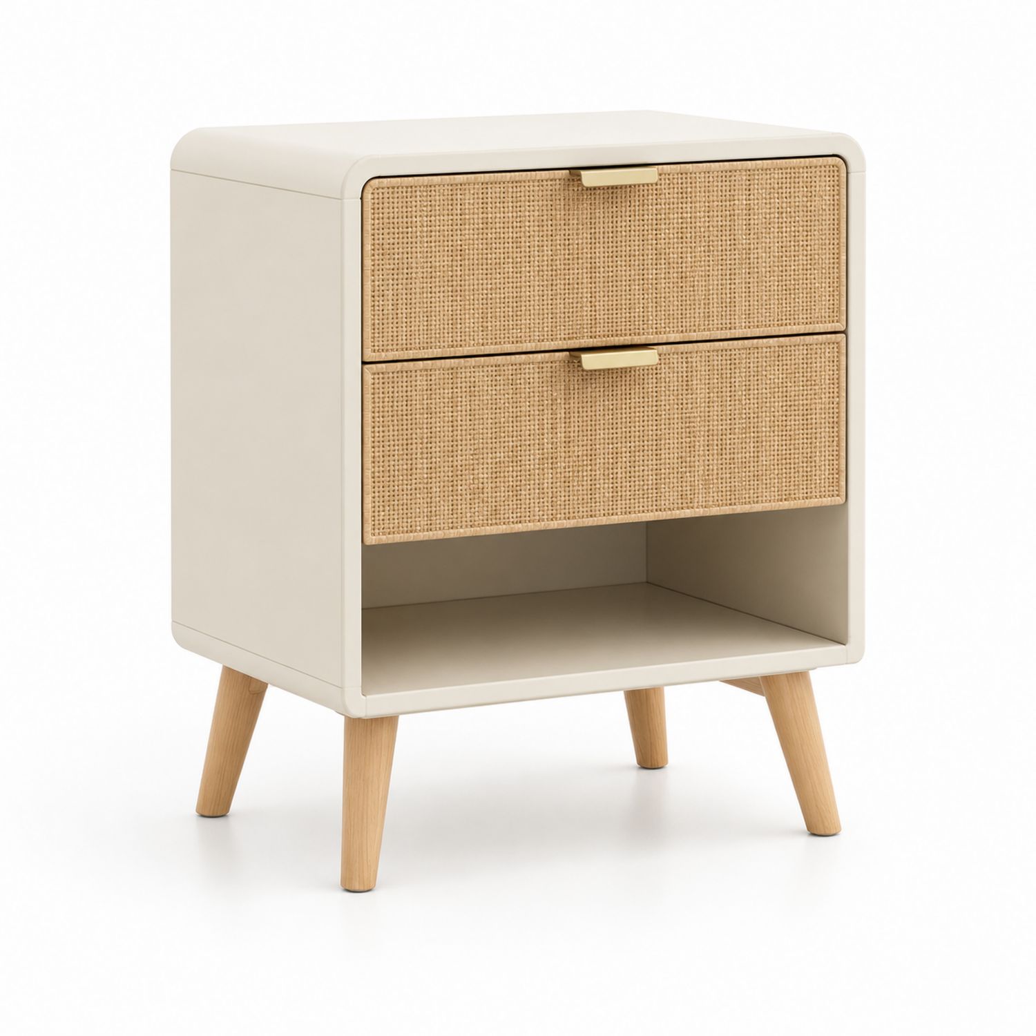 Comodino in Legno con Cassetti in Rattan Naturale