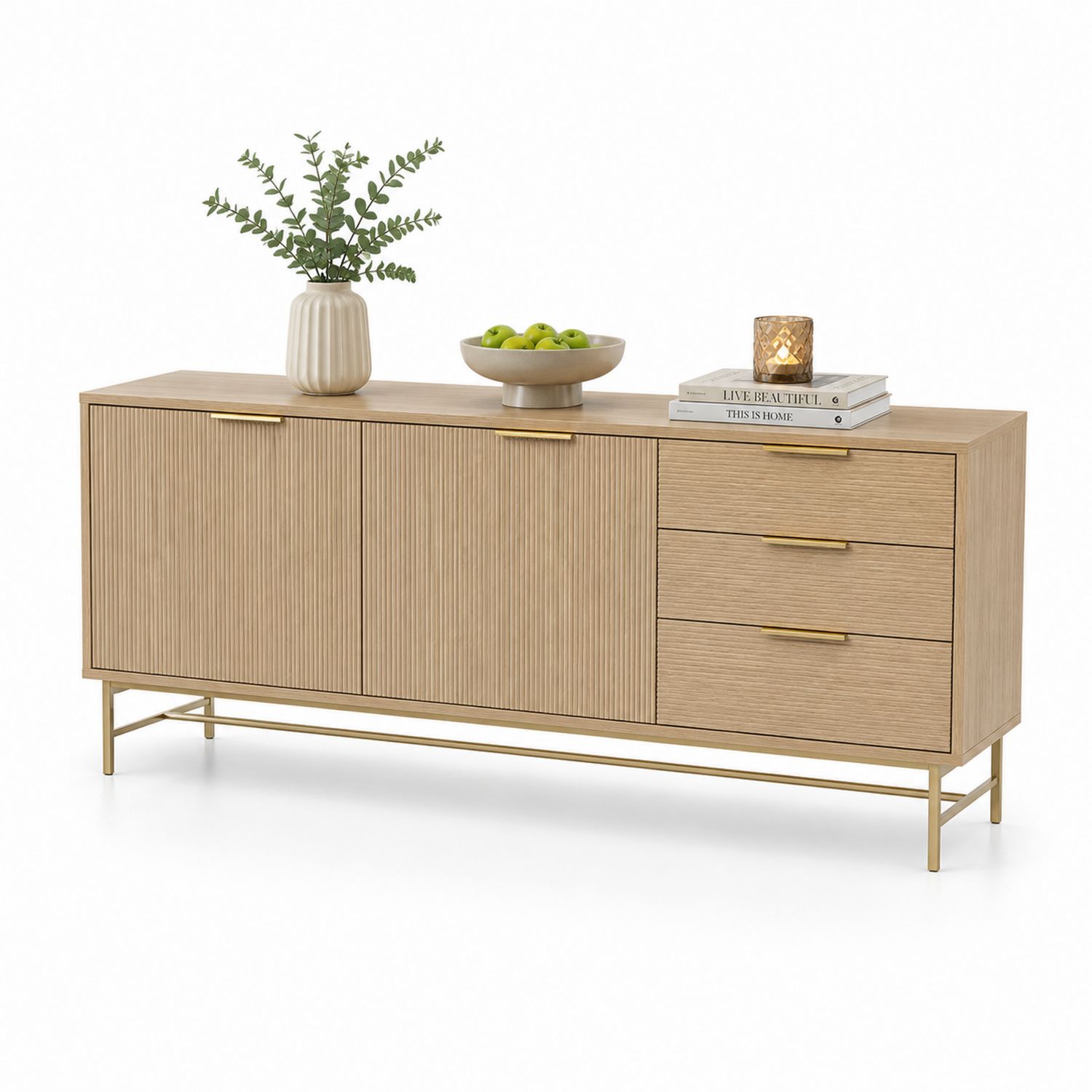 Credenza in Legno Chiaro con Ante e Cassetti 180x45x75 cm