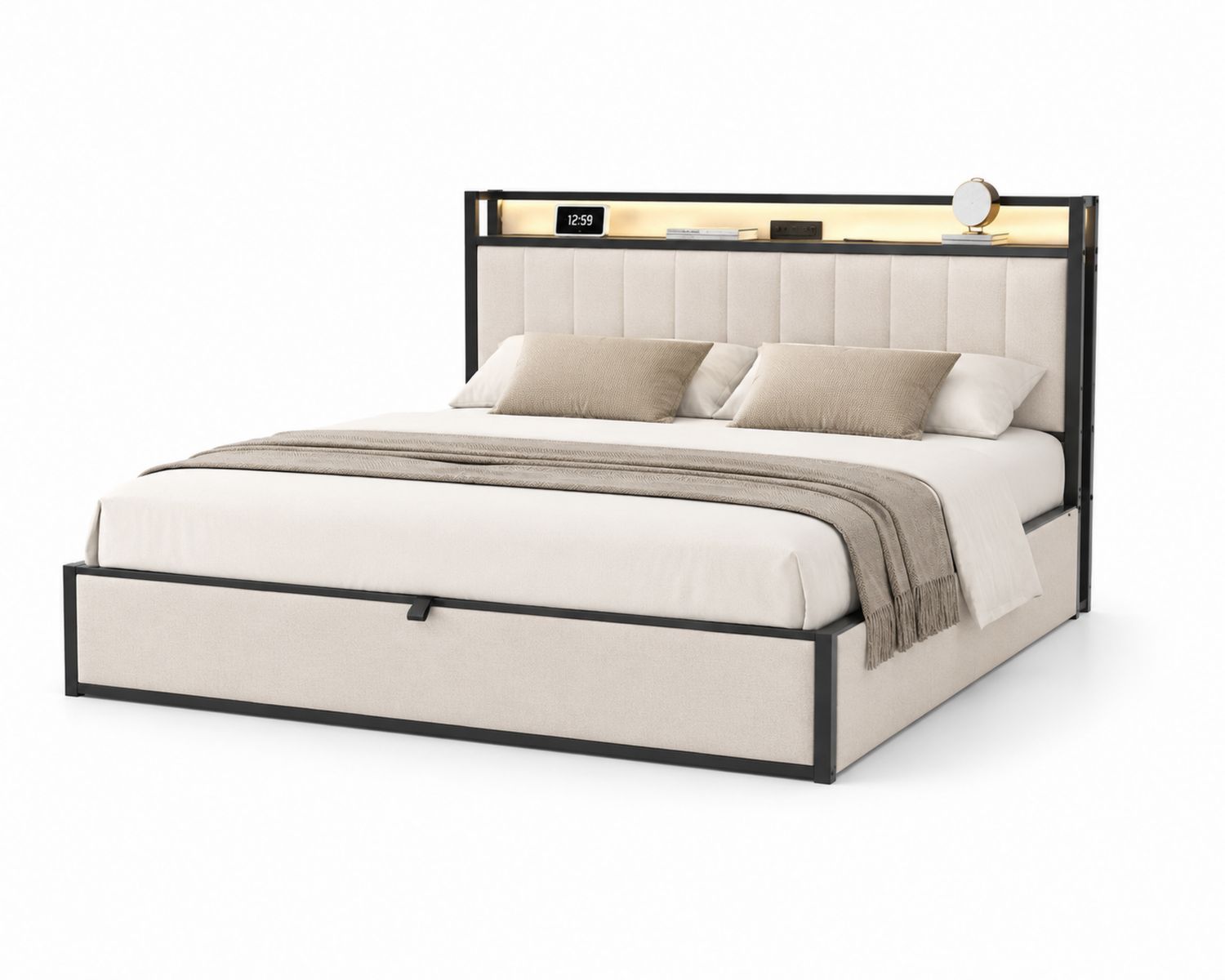 Letto matrimoniale in metallo e tessuto beige con LED, 200x160 cm