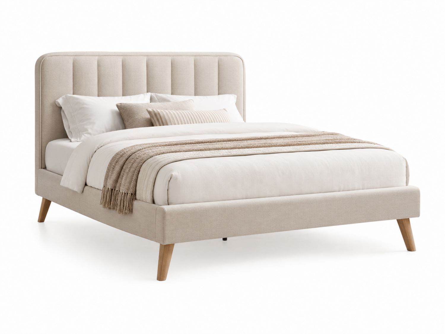 Letto matrimoniale in tessuto beige con gambe in legno