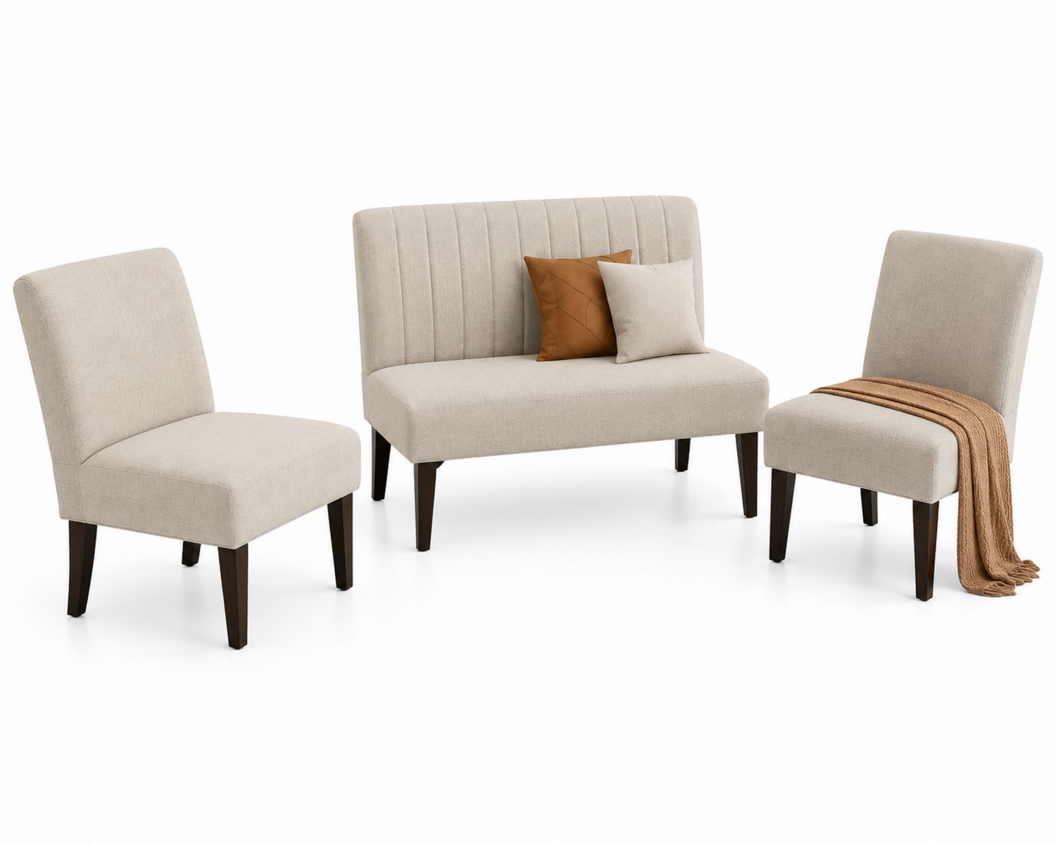 Set Divano e Poltrone in Tessuto Beige con Gambe in Legno