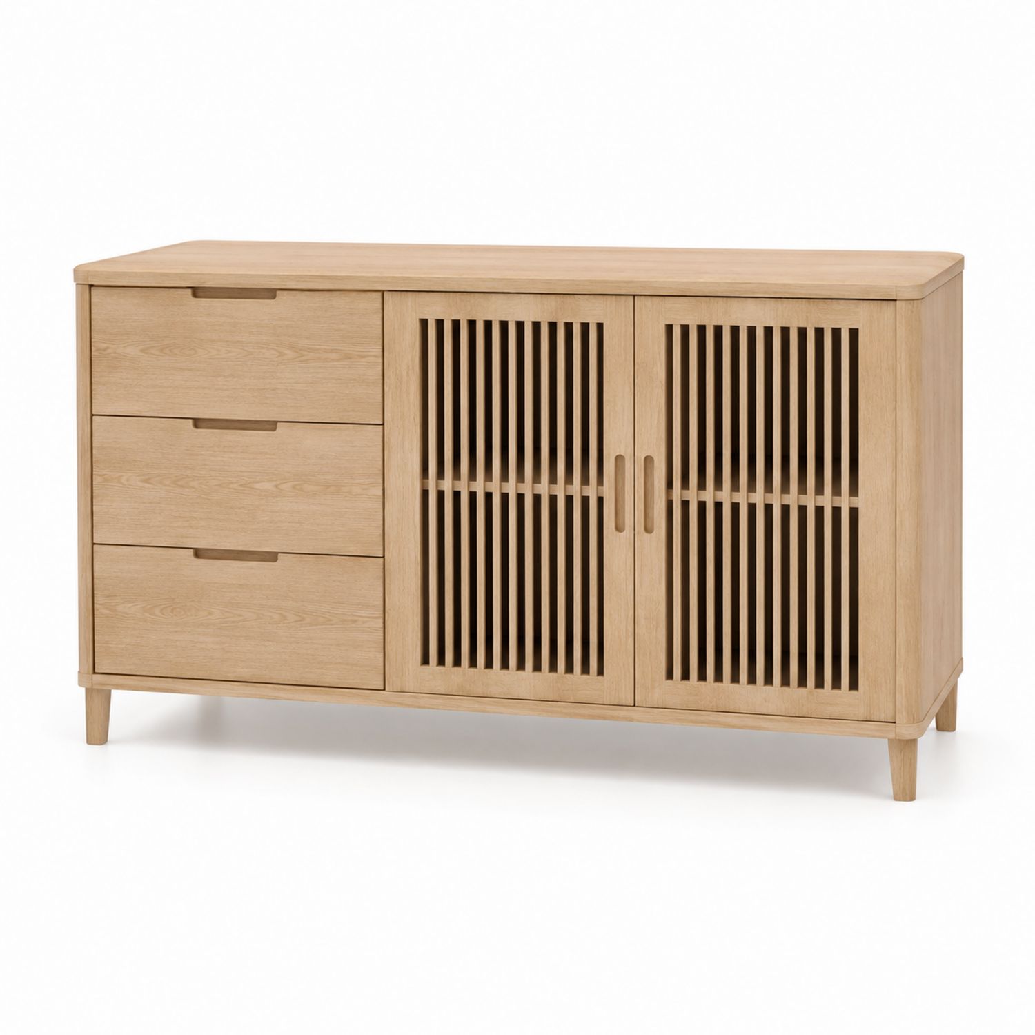 Credenza in legno con ante a griglia e 3 cassetti in rovere chiaro