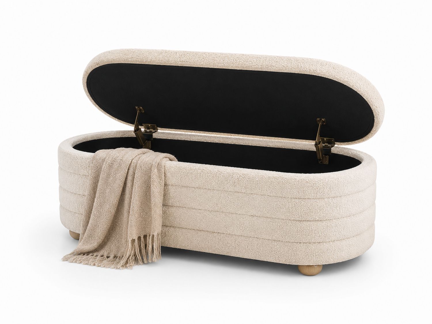 Panca contenitore ovale in tessuto bouclé beige e gambe in legno