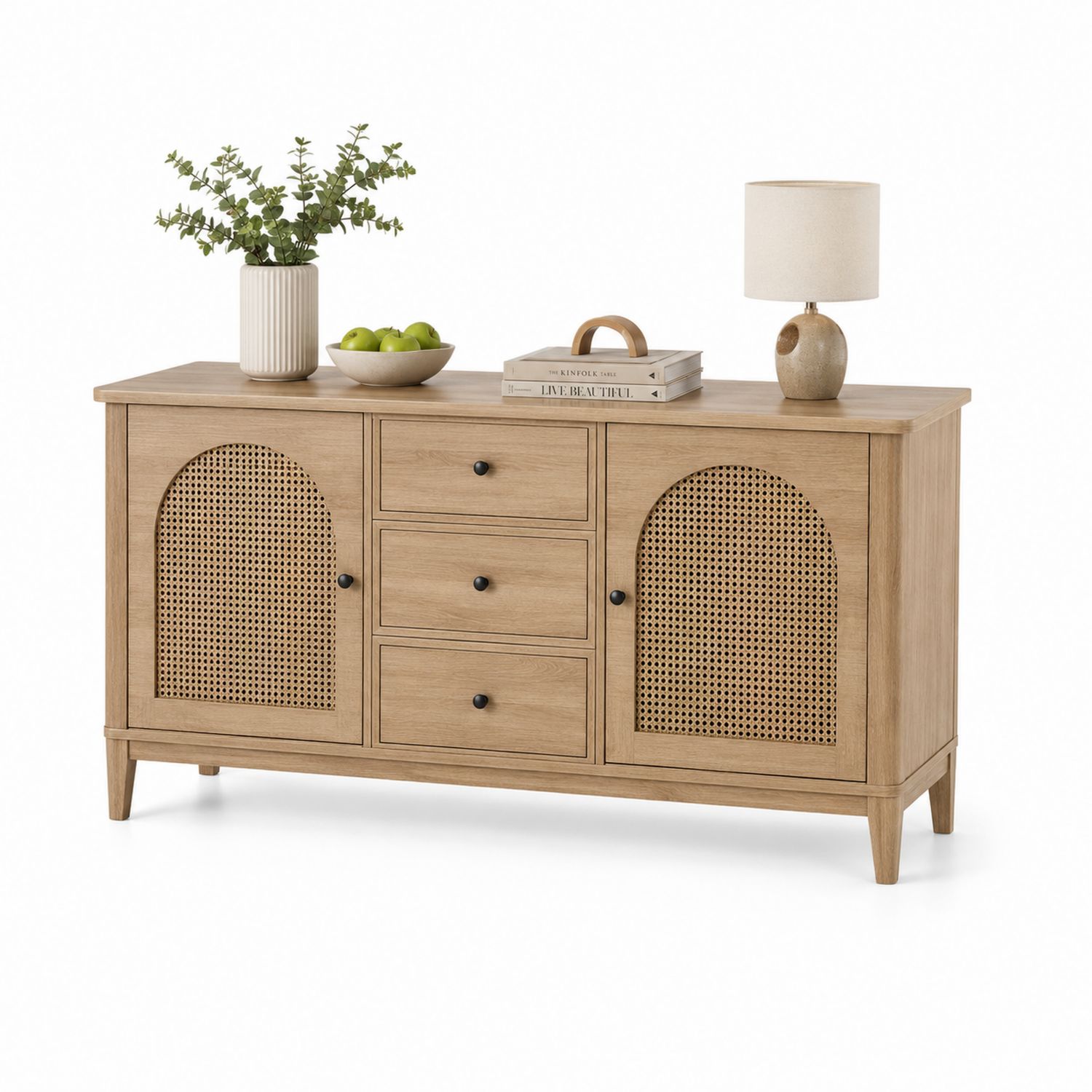 Credenza in Legno con Ante in Rattan, 150x40x80 cm