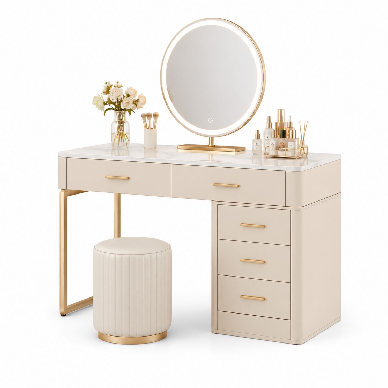 Toeletta in Legno e Metallo con Specchio LED e Sgabello, Piano in Marmo, Crema/Oro