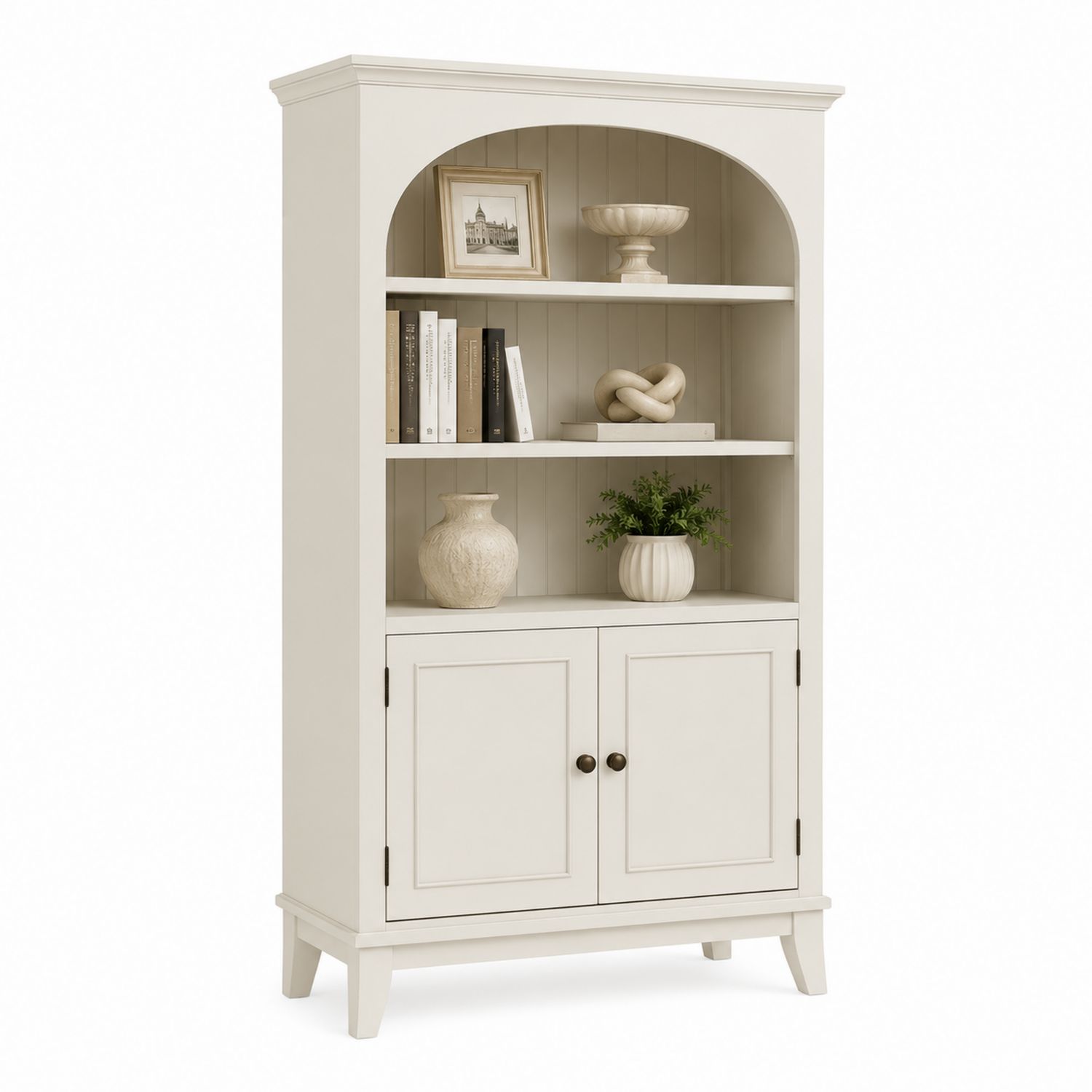 Libreria in Legno di Pino Verniciato Bianco con Scaffali e Ante 190x90x35 cm