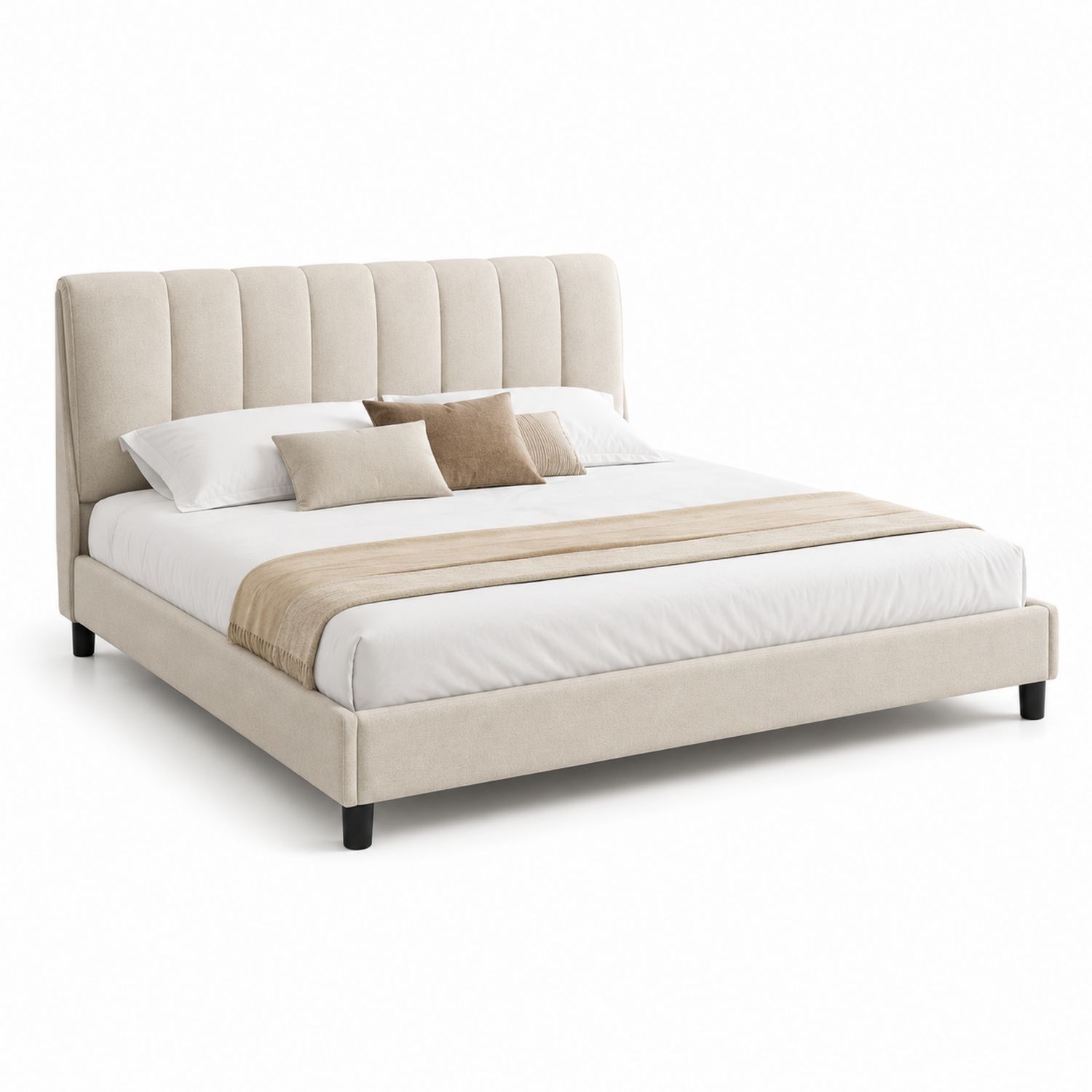 Letto matrimoniale imbottito in tessuto beige 200x160 cm