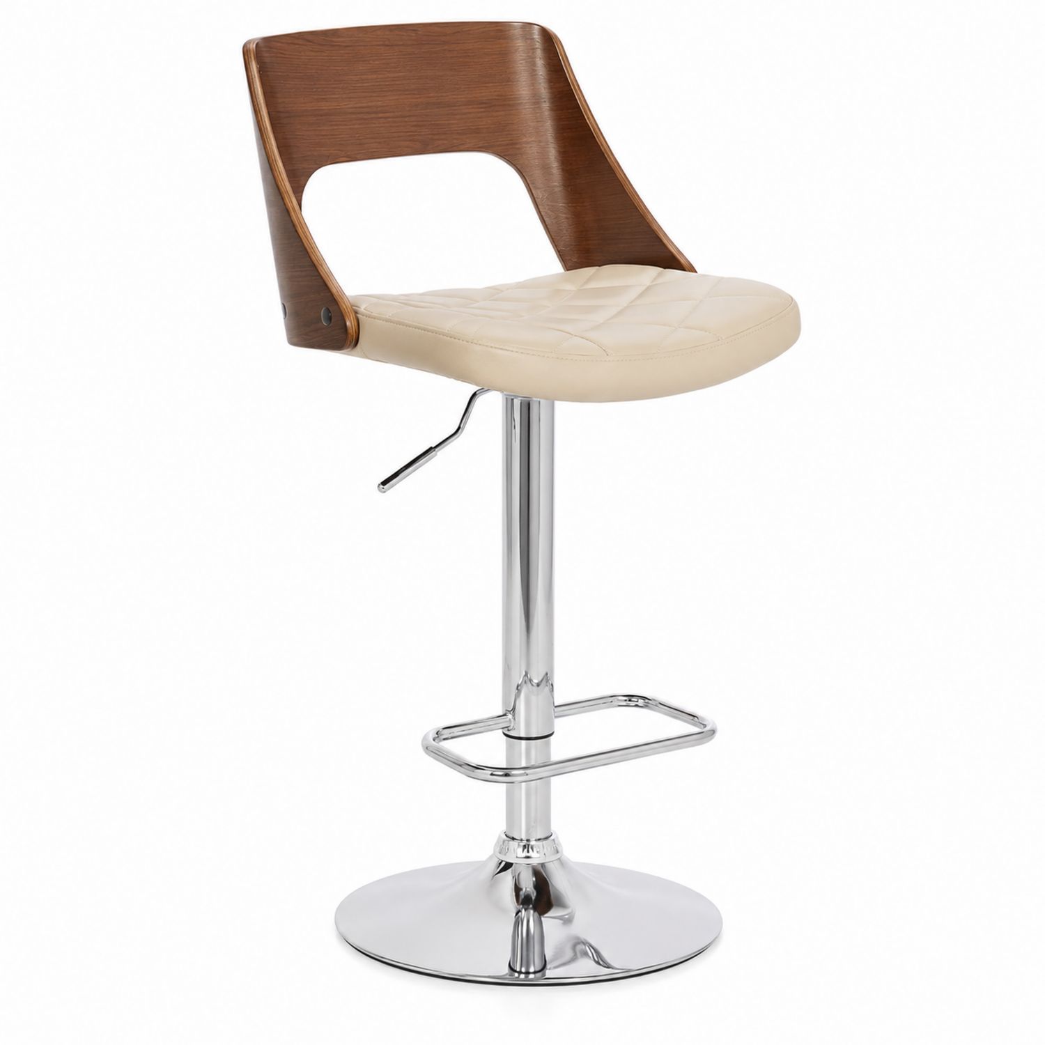 Sgabello da bar regolabile in legno e metallo cromato con seduta in pelle sintetica beige