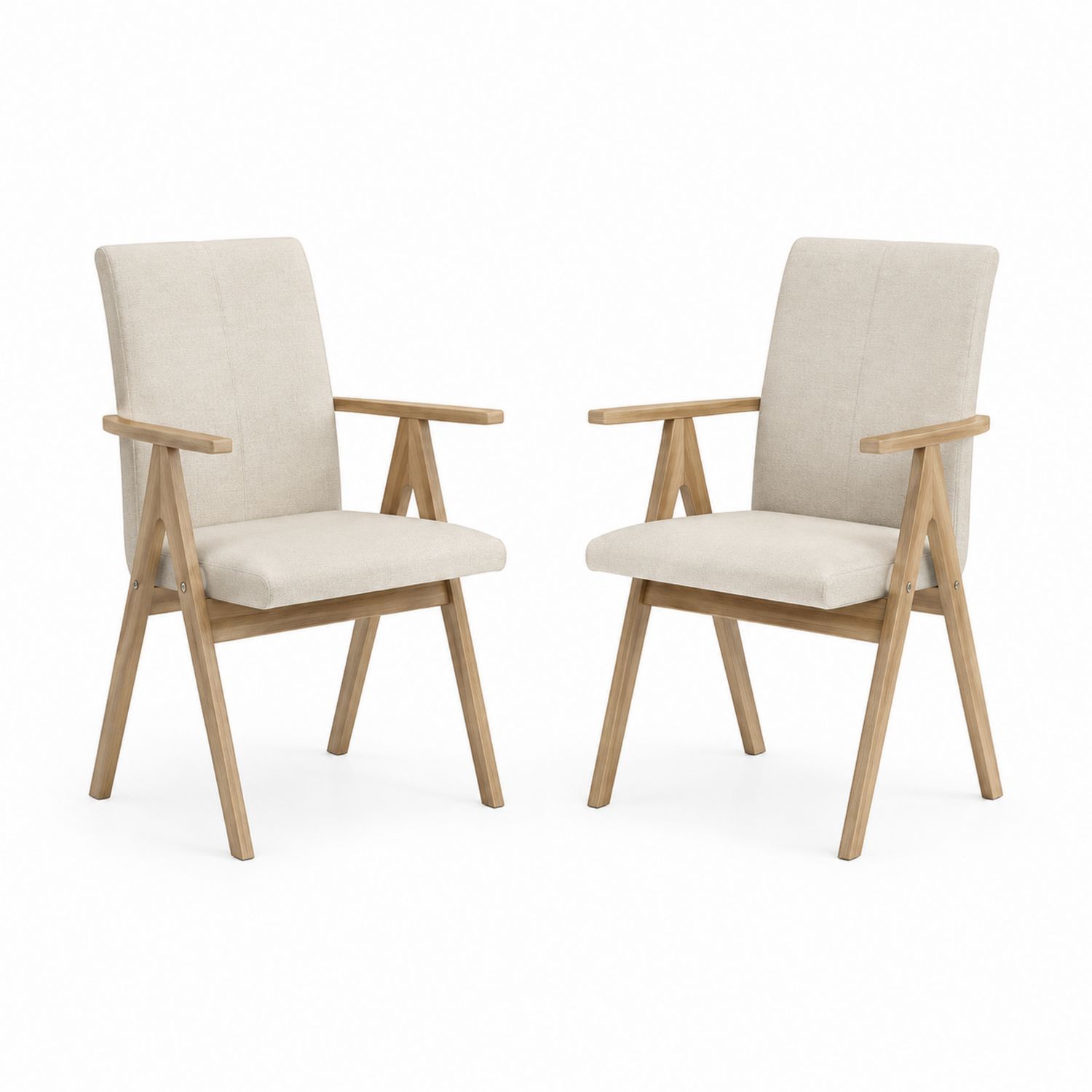 Set di 2 Sedie con Braccioli in Legno e Tessuto Beige