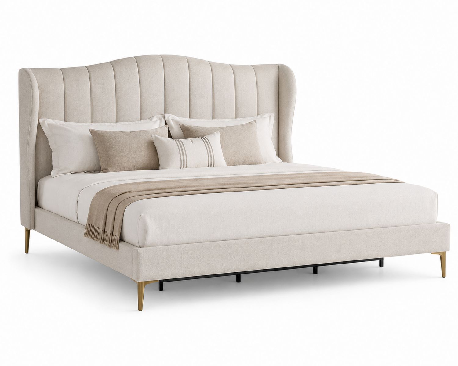 Letto matrimoniale in legno e metallo con tessuto lino beige 200x180 cm