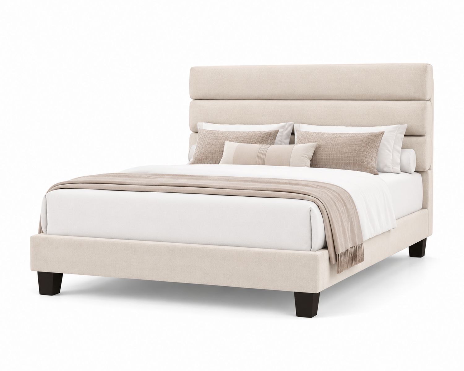 Letto Matrimoniale in Tessuto Beige con Cuscini
