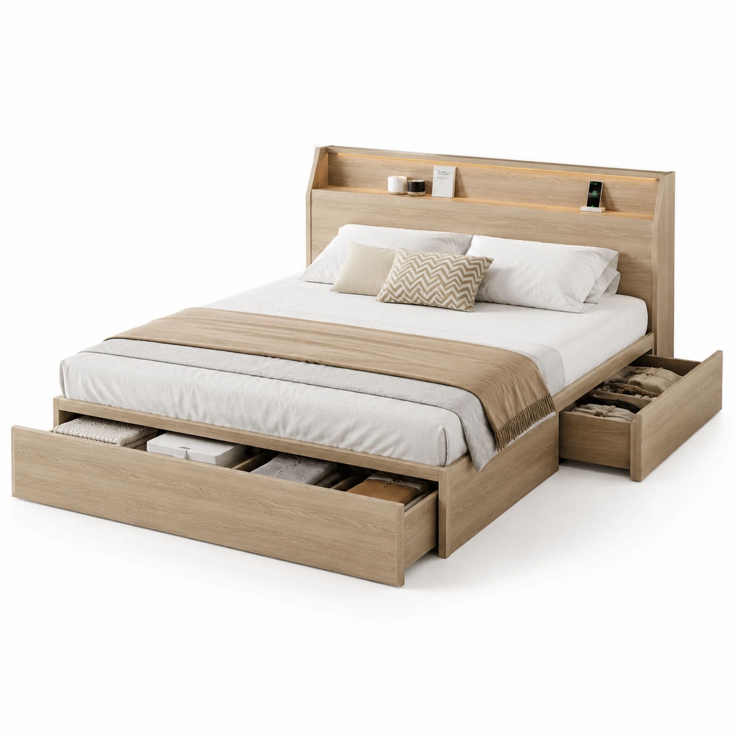 Letto matrimoniale in legno con contenitori