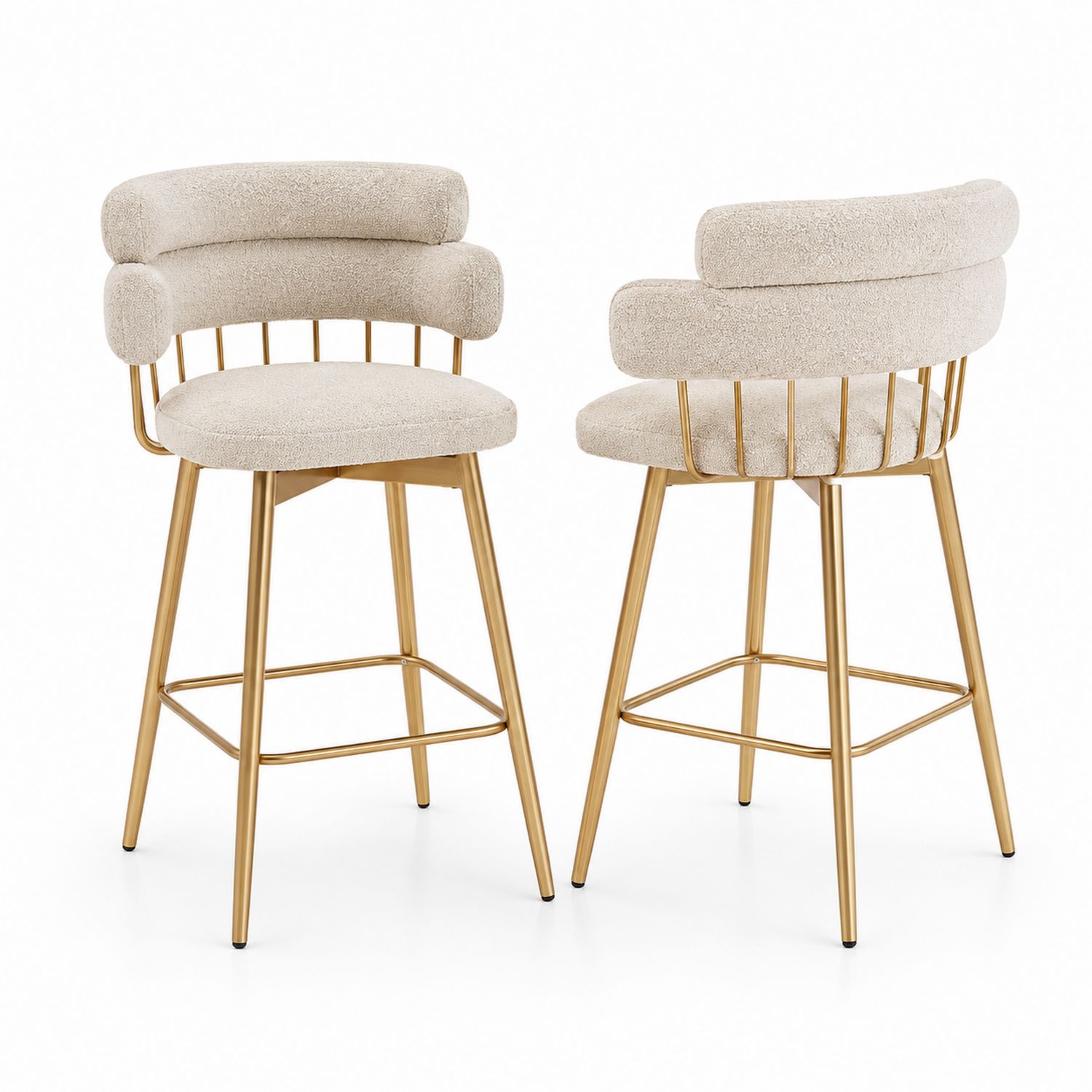 Set di 2 sgabelli in tessuto bouclé con struttura in metallo dorato, beige