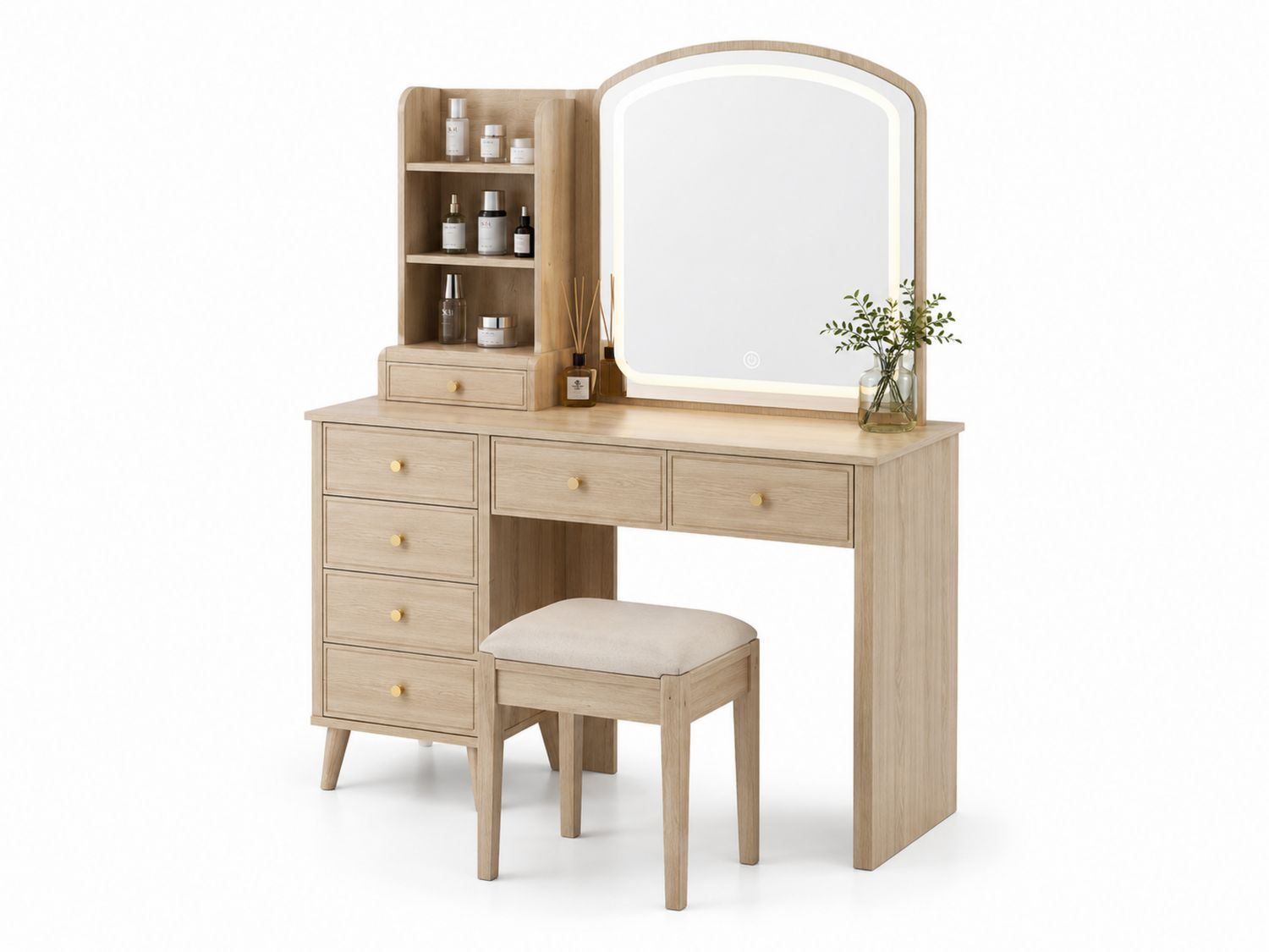 Toeletta con Specchio LED e Sgabello in Legno di Rovere Chiaro
