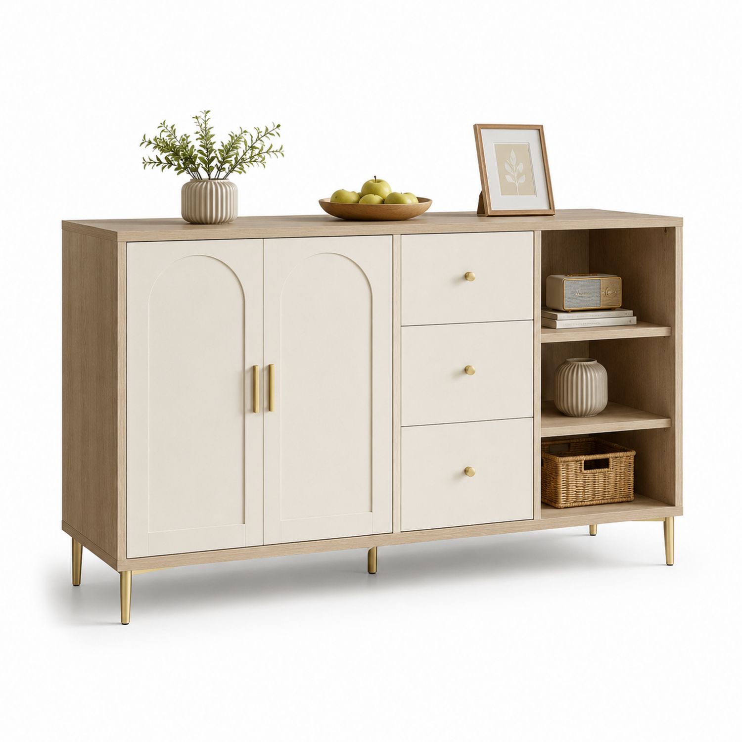 Credenza in legno e MDF con ante e cassetti crema 150x40x80 cm