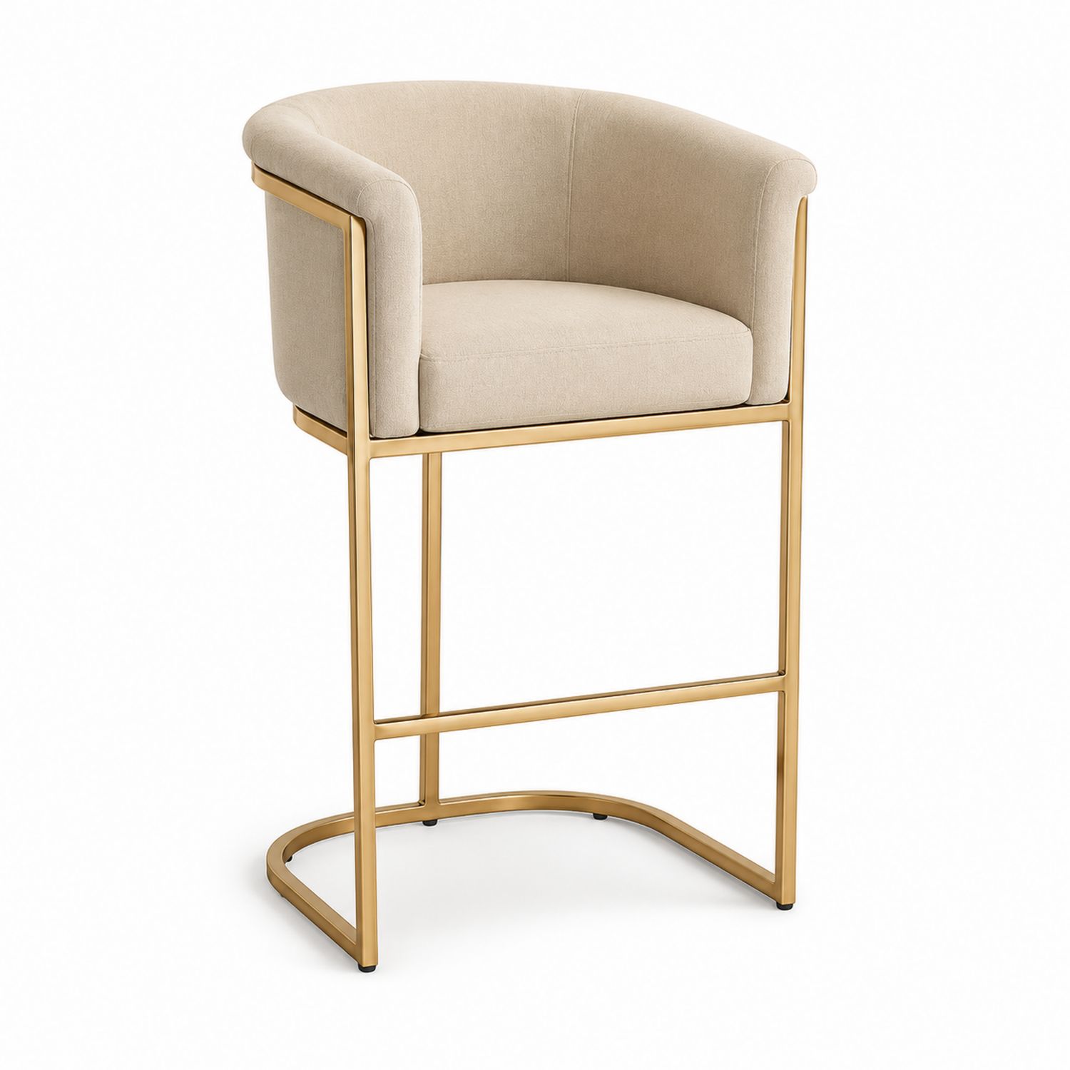 Sgabello in tessuto beige con struttura in metallo dorato