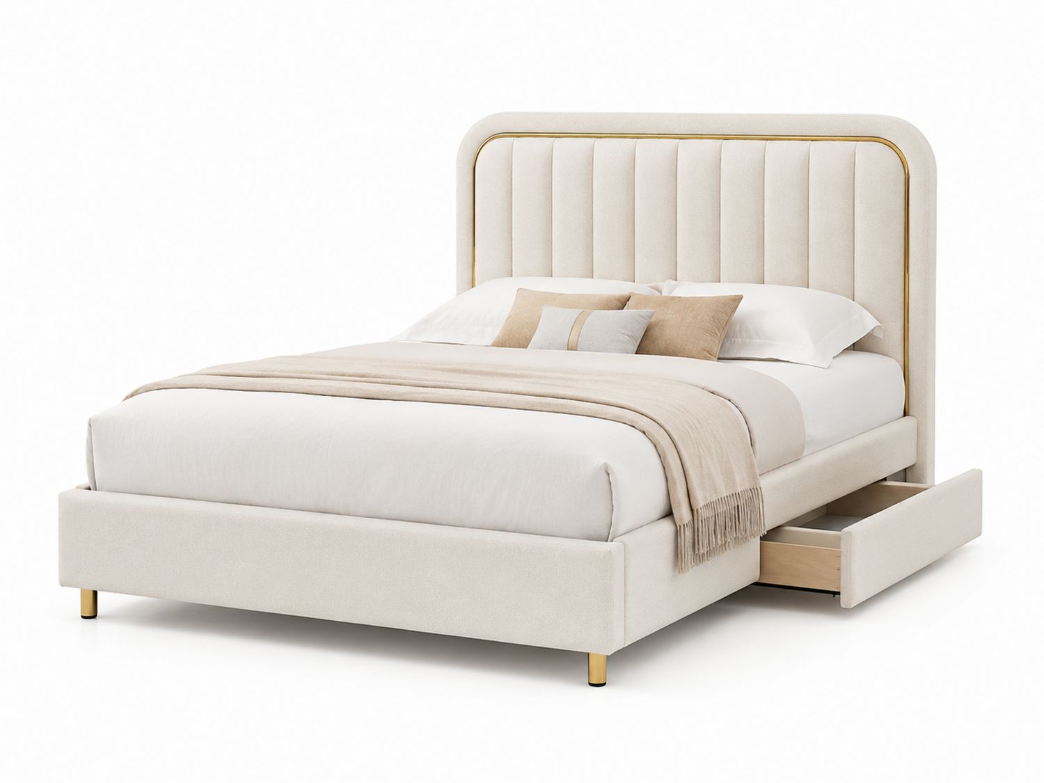 Letto matrimoniale in tessuto con testiera a doghe e cassetto crema