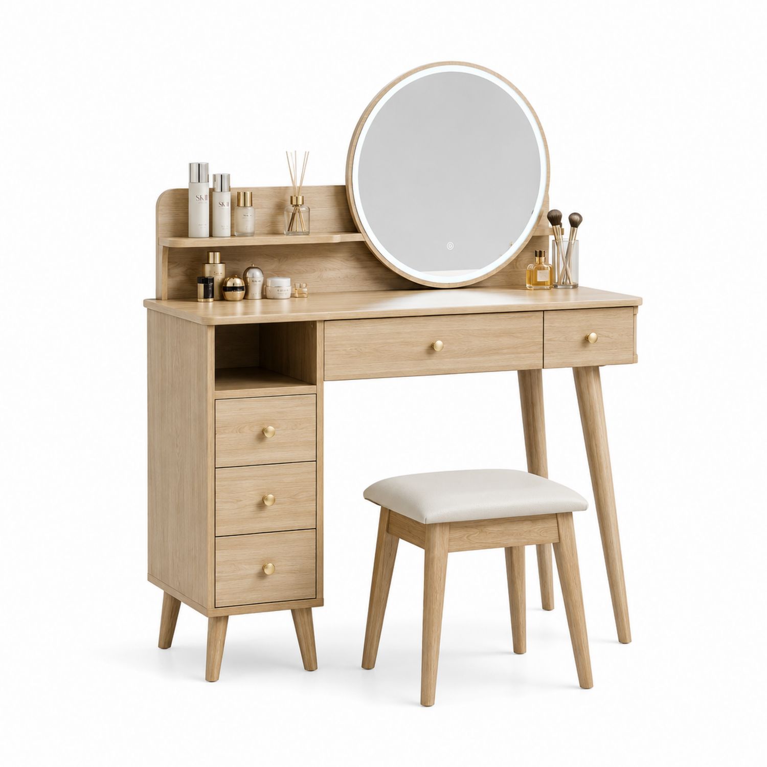 Toeletta in Legno MDF con Specchio Rotondo e Sgabello Rivestito