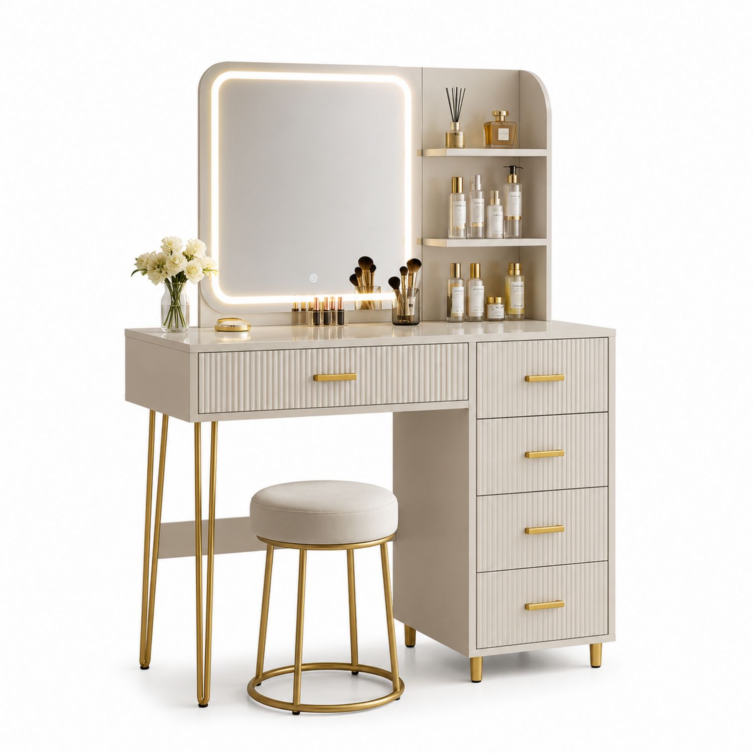 Toeletta con Specchio a LED e Sgabello, Bianco e Oro