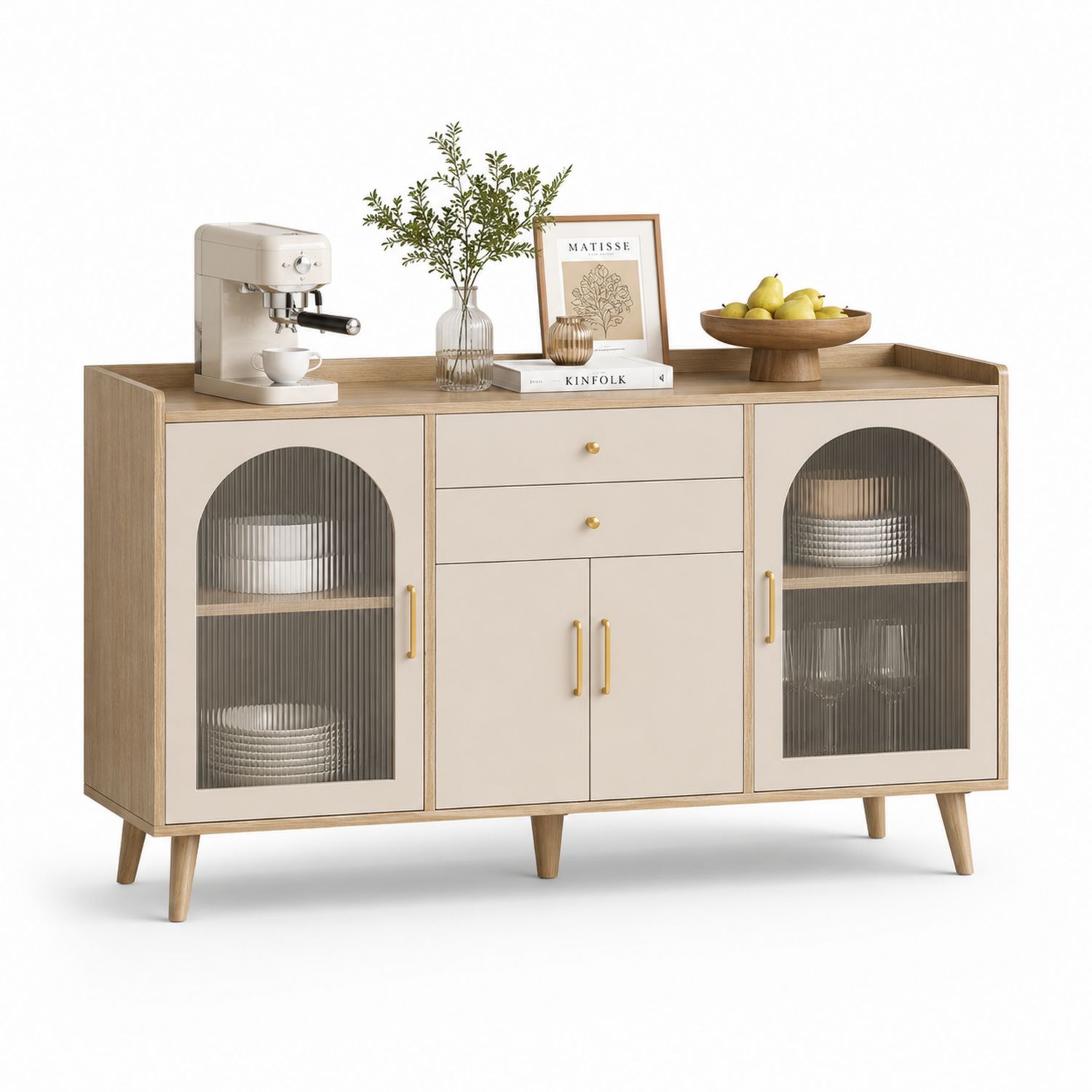 Credenza da Cucina in Legno e Vetro Temperato, Beige e Rovere