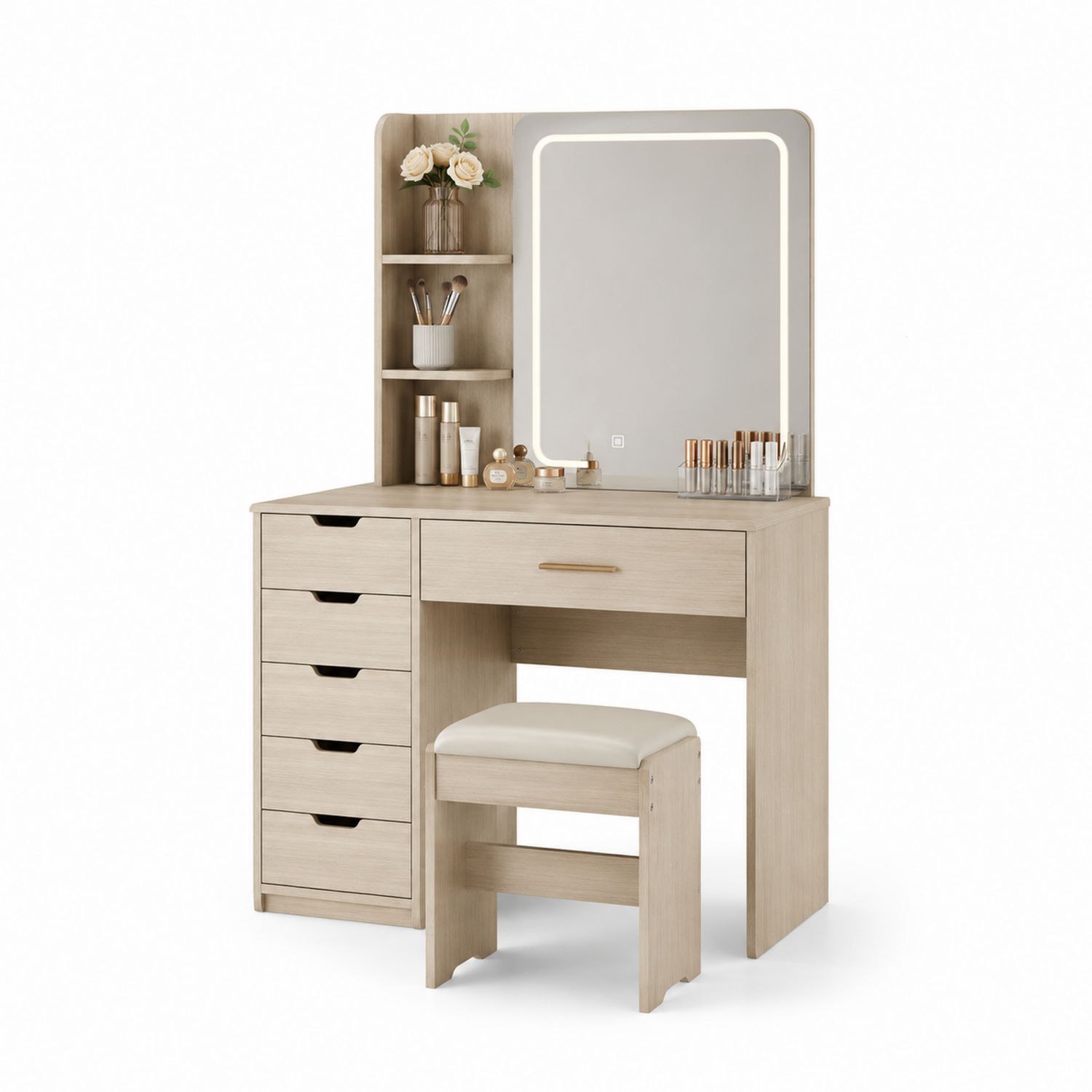 Toeletta in legno con specchio LED e sgabello, Beige