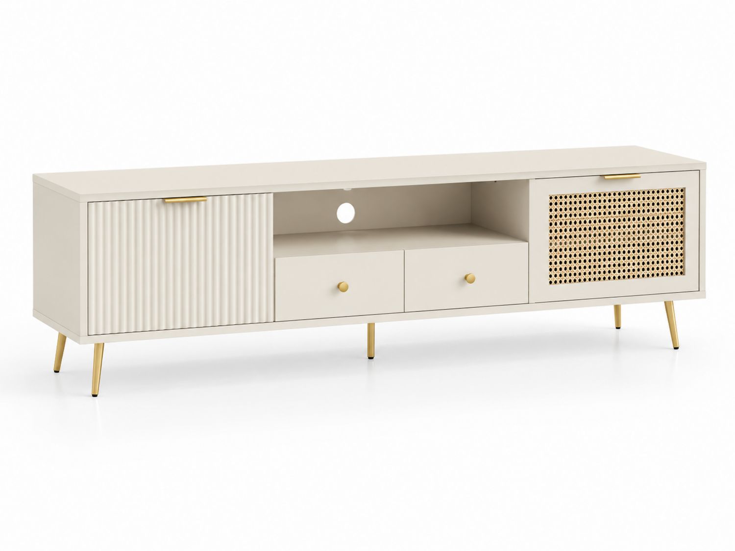 Mobile TV in Legno, Metallo e Rattan Beige 160x40x50 cm