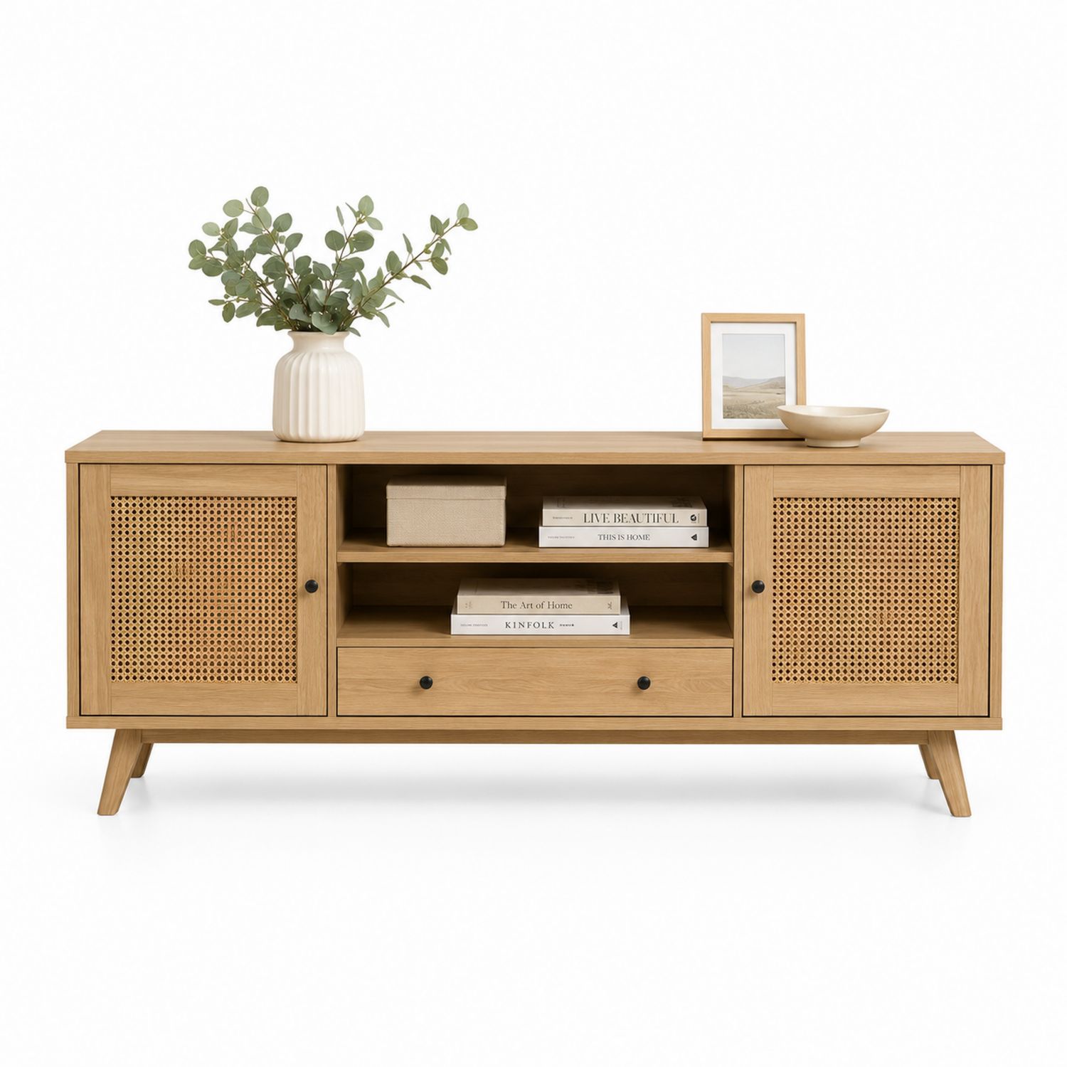 Mobile TV in Legno e Rattan con Ripiani