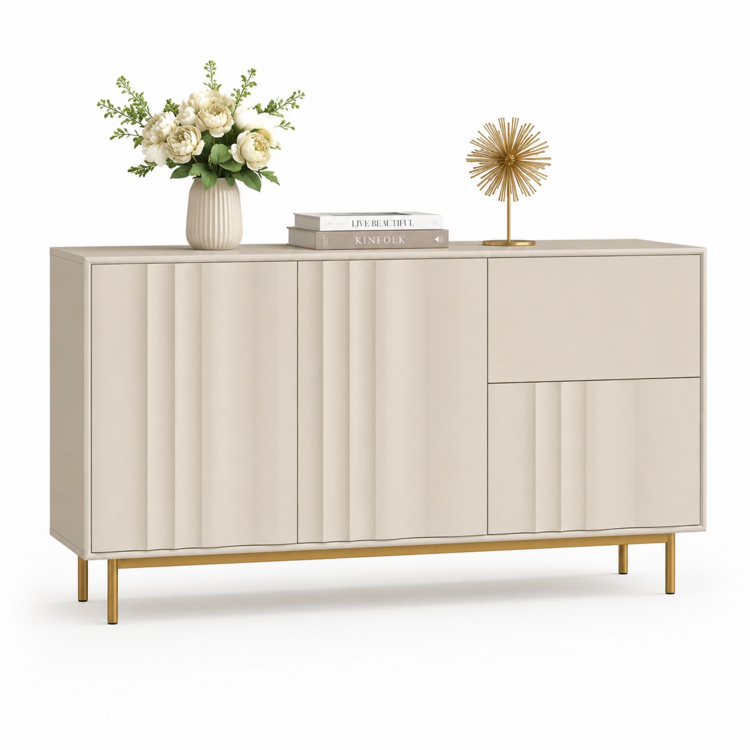 Credenza in Legno MDF con Base in Metallo Dorato Beige