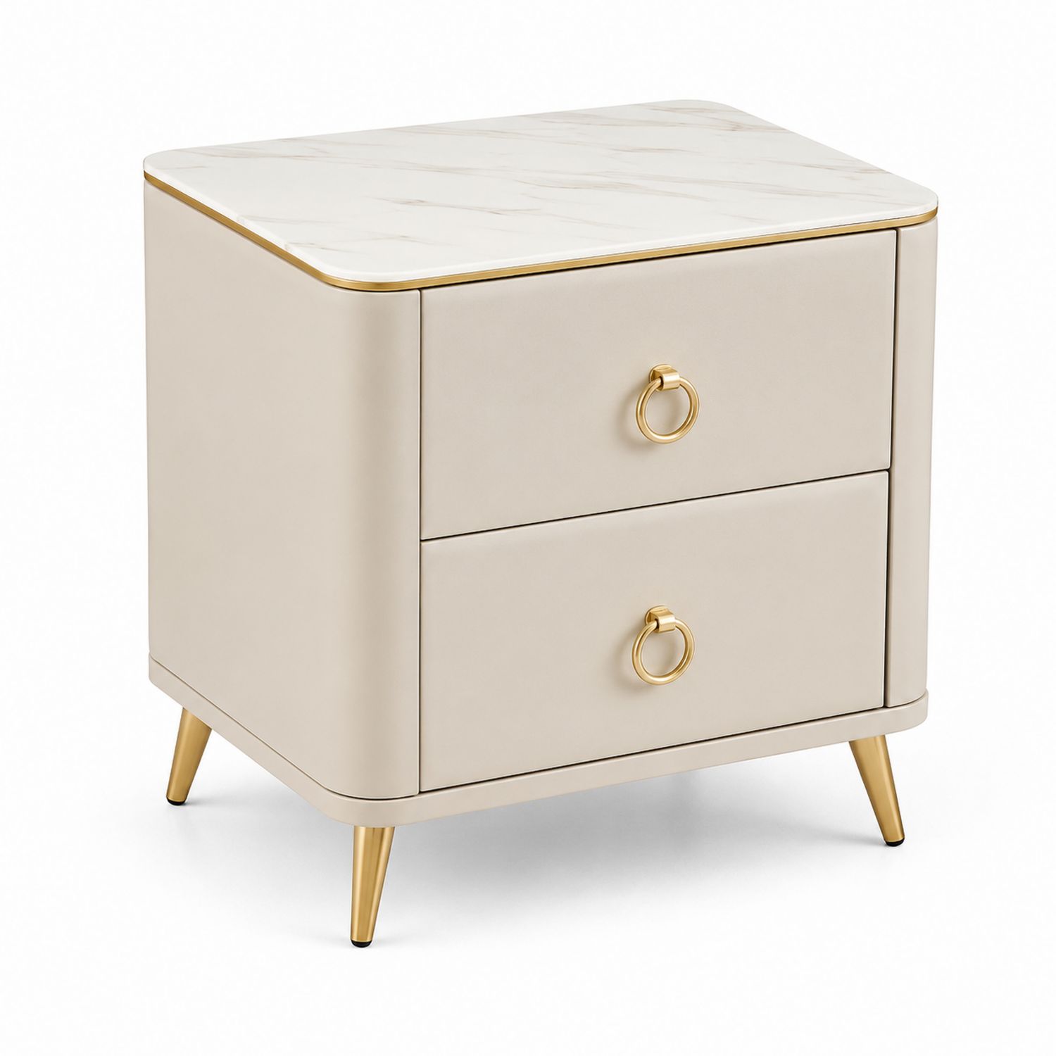 Comodino in MDF e Metallo con Superficie Effetto Marmo, 2 Cassetti, Beige