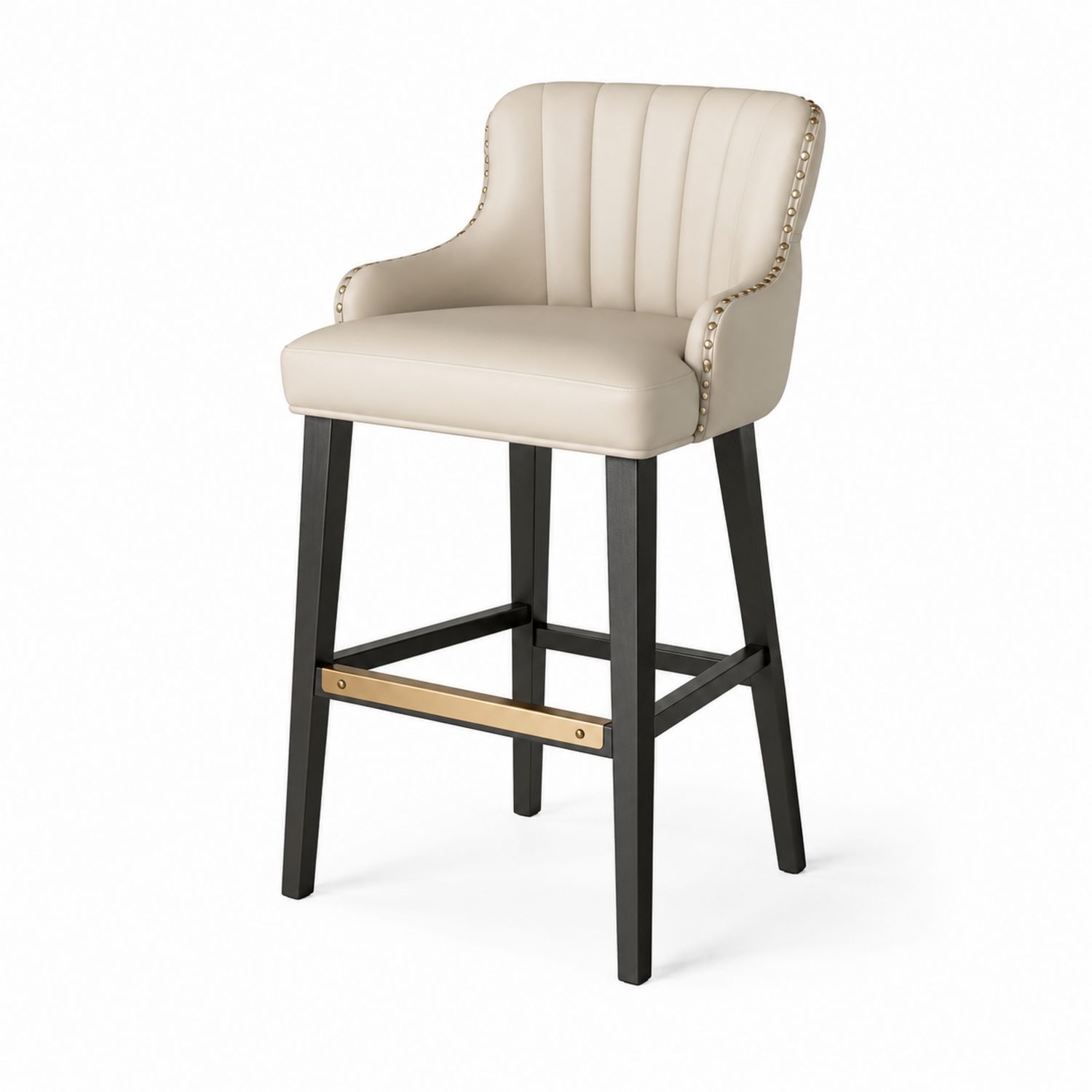 Sgabello da bar in legno e similpelle beige con schienale imbottito