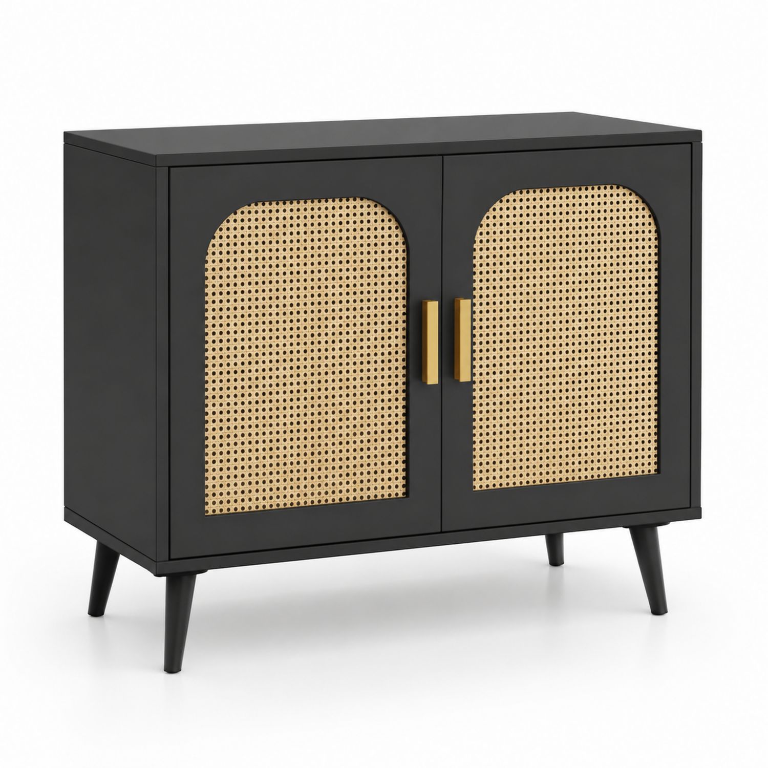 Credenza in legno con ante in rattan e maniglie in metallo 80x40x75cm