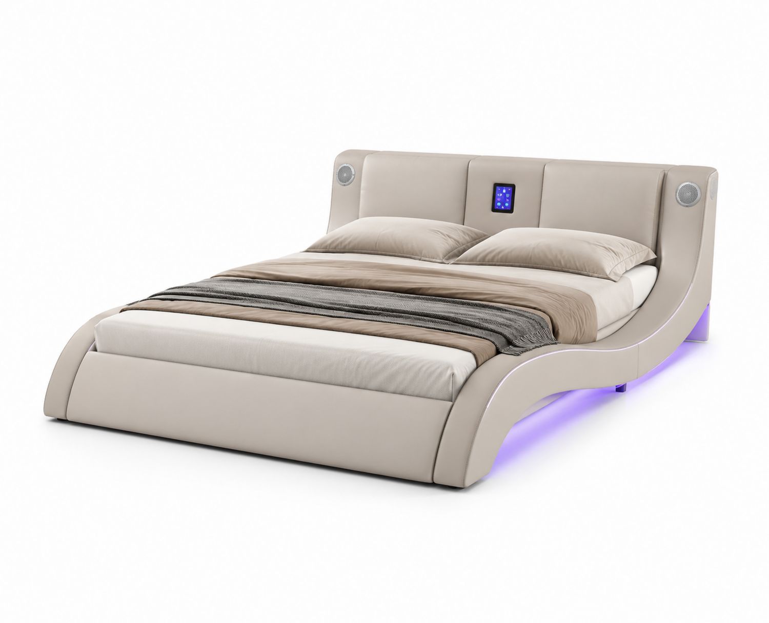Letto matrimoniale in pelle sintetica beige con LED e altoparlanti integrati 200x160 cm