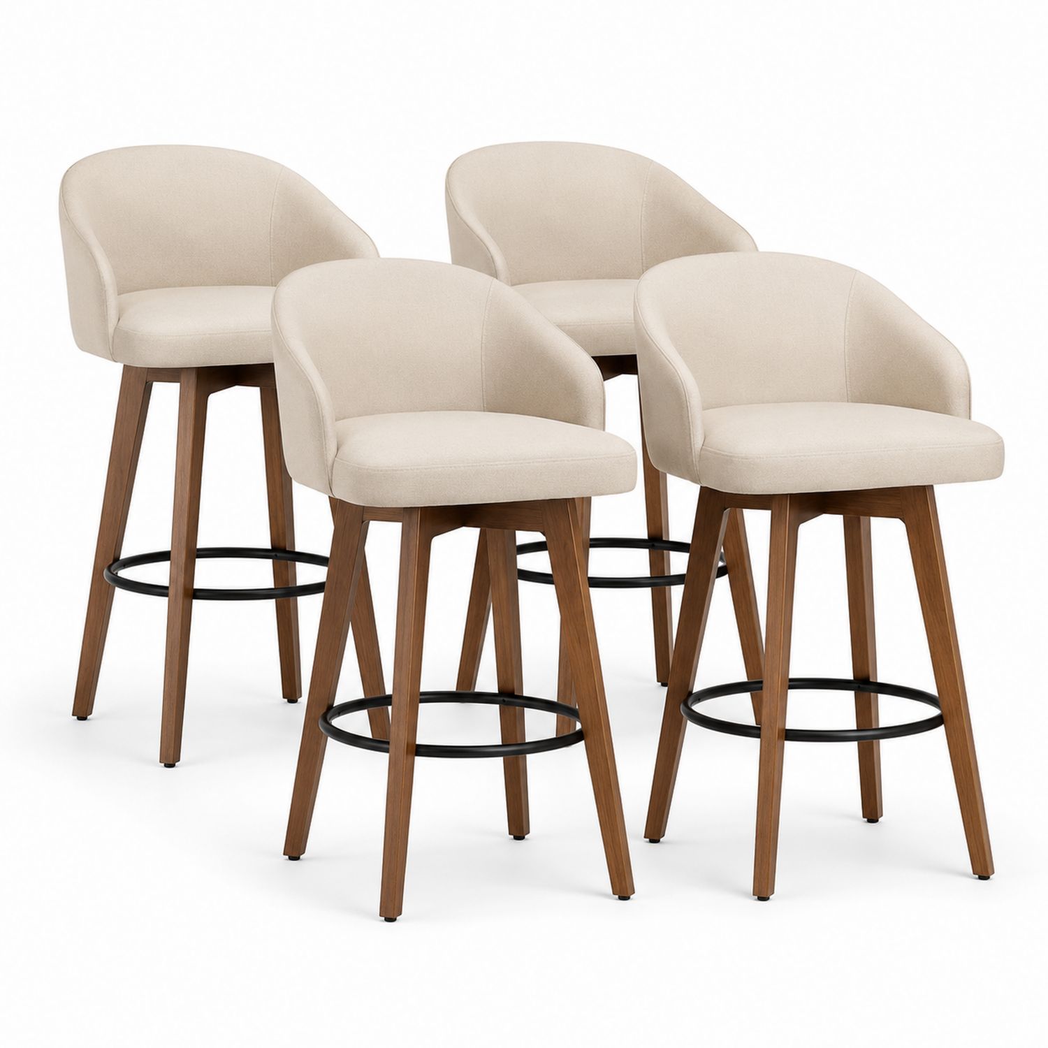 Set di 4 sgabelli da bar in tessuto beige con gambe in legno e poggiapiedi in metallo