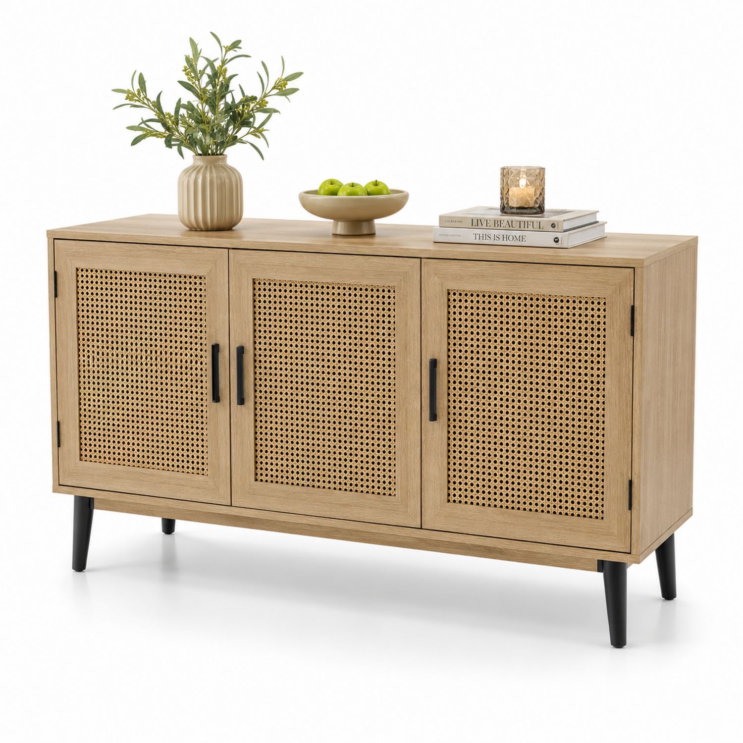 Credenza in Legno con Ante in Rattan