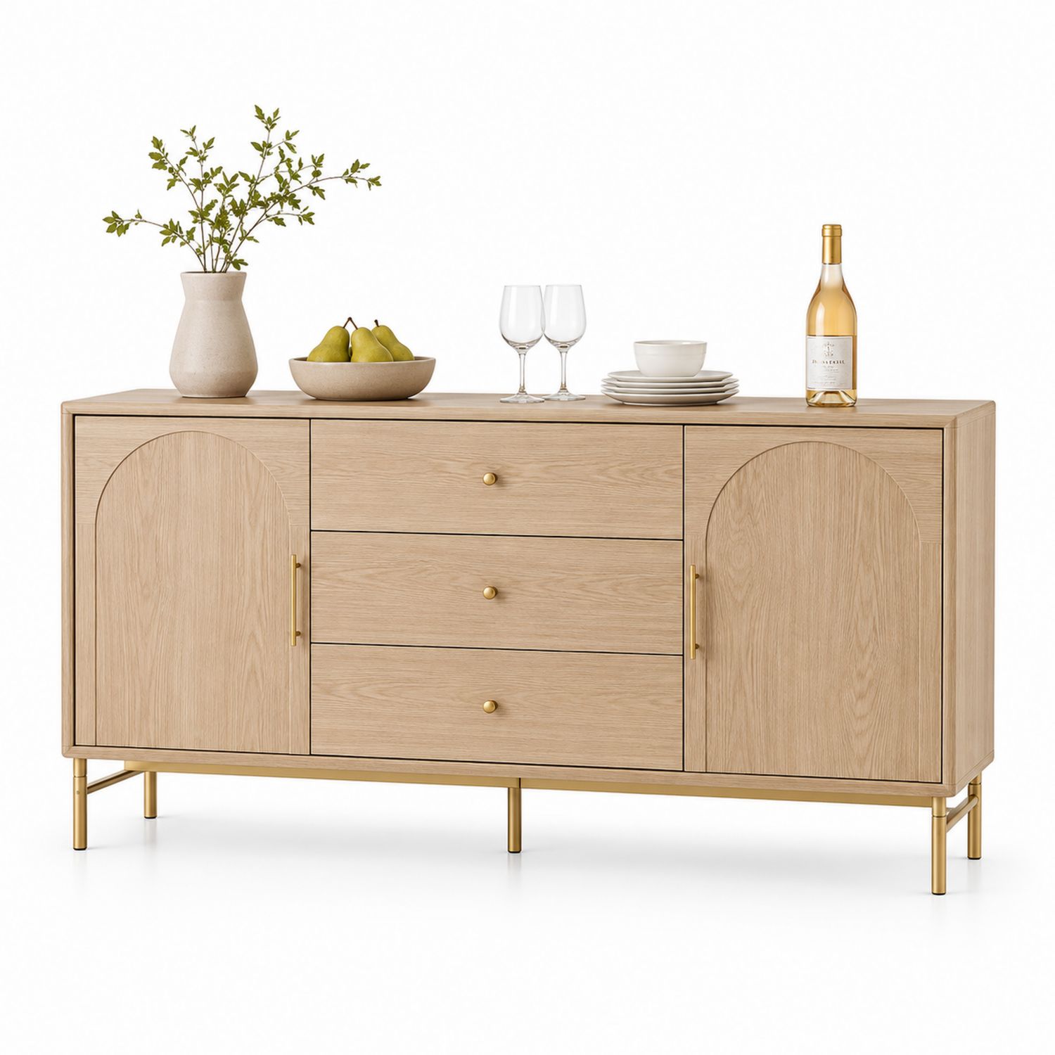 Credenza in Legno con Ante ad Arco e Cassetti, Base in Metallo Dorato