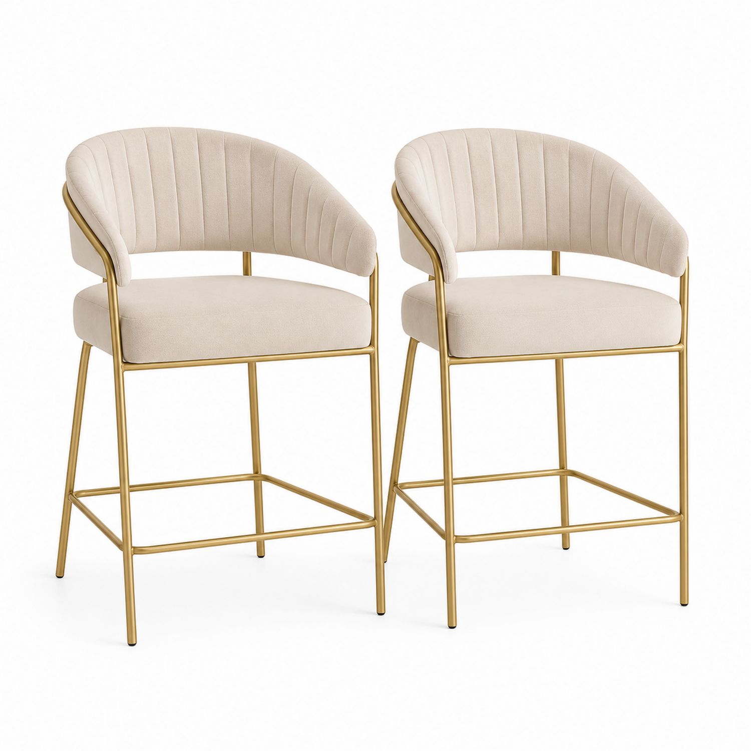 Coppia Sgabelli da Bar in Velluto Beige con Struttura in Acciaio
