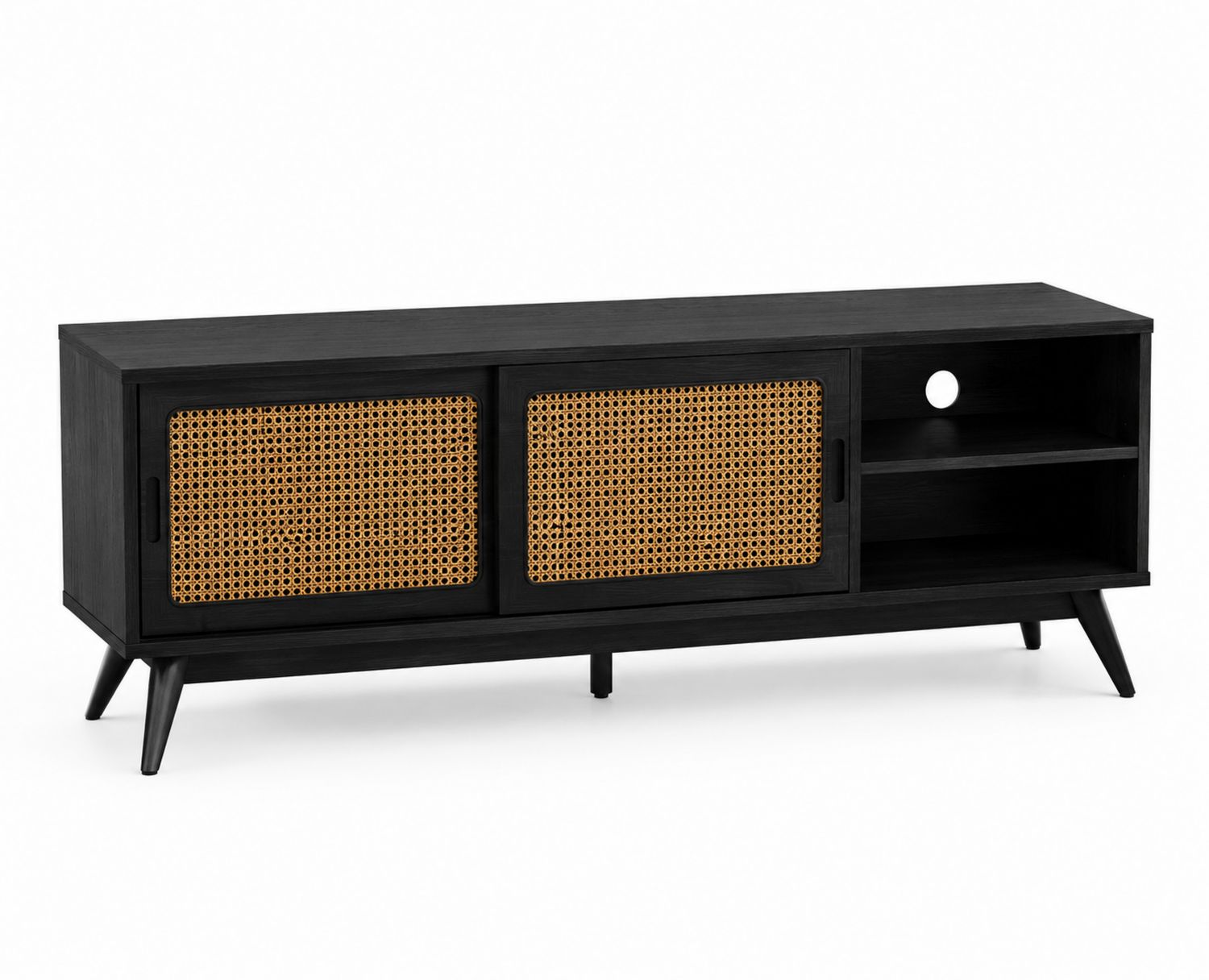 Mobile TV in Legno e Rattan con Ripiani 140x35x50 cm Nero