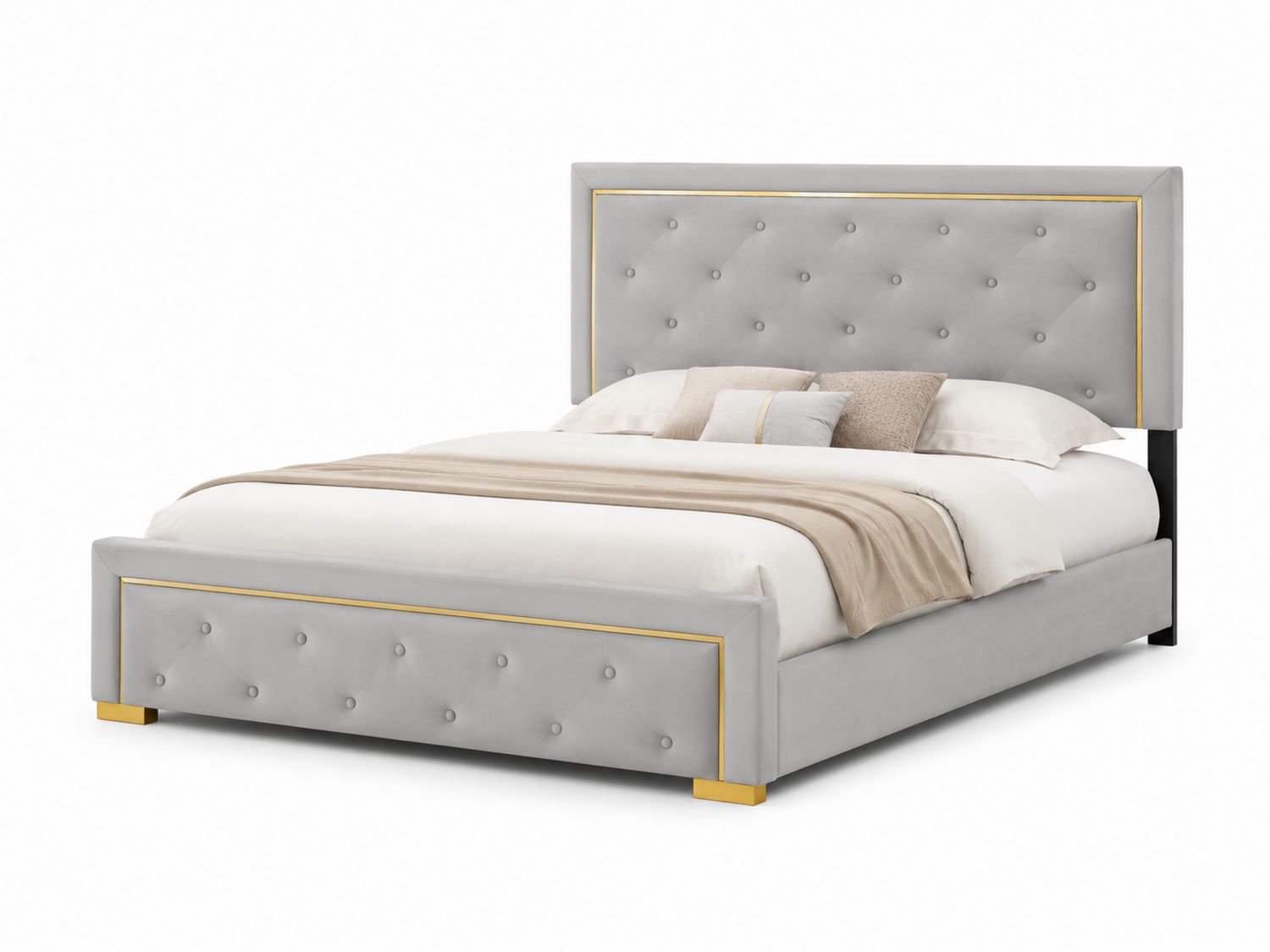 Letto matrimoniale in velluto grigio con dettagli dorati