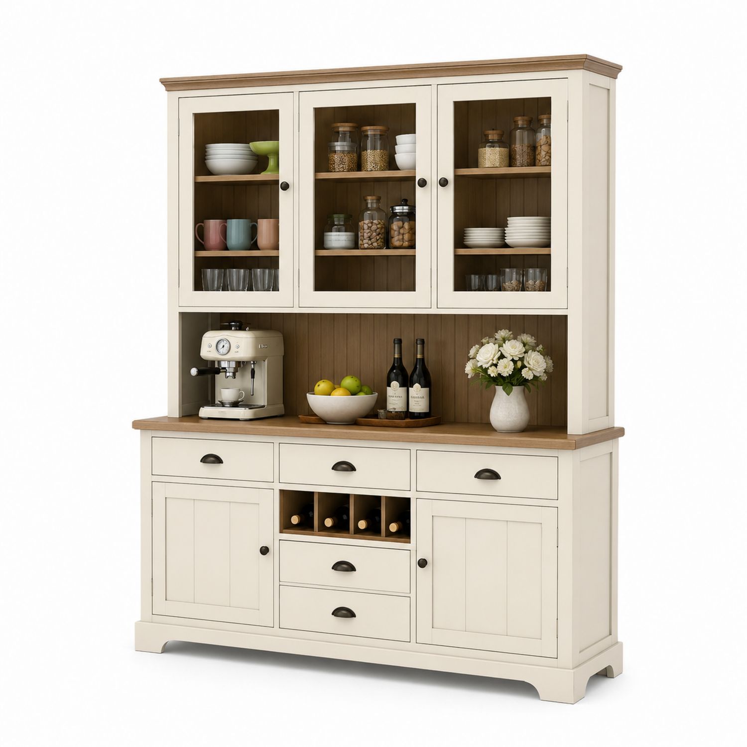 Credenza da Cucina in Legno con Ripiani in Vetro Temperato