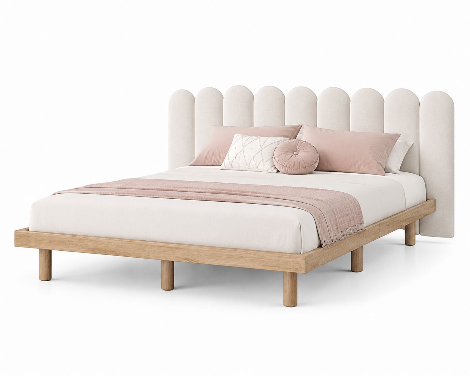Letto matrimoniale in legno e tessuto con testiera ondulata