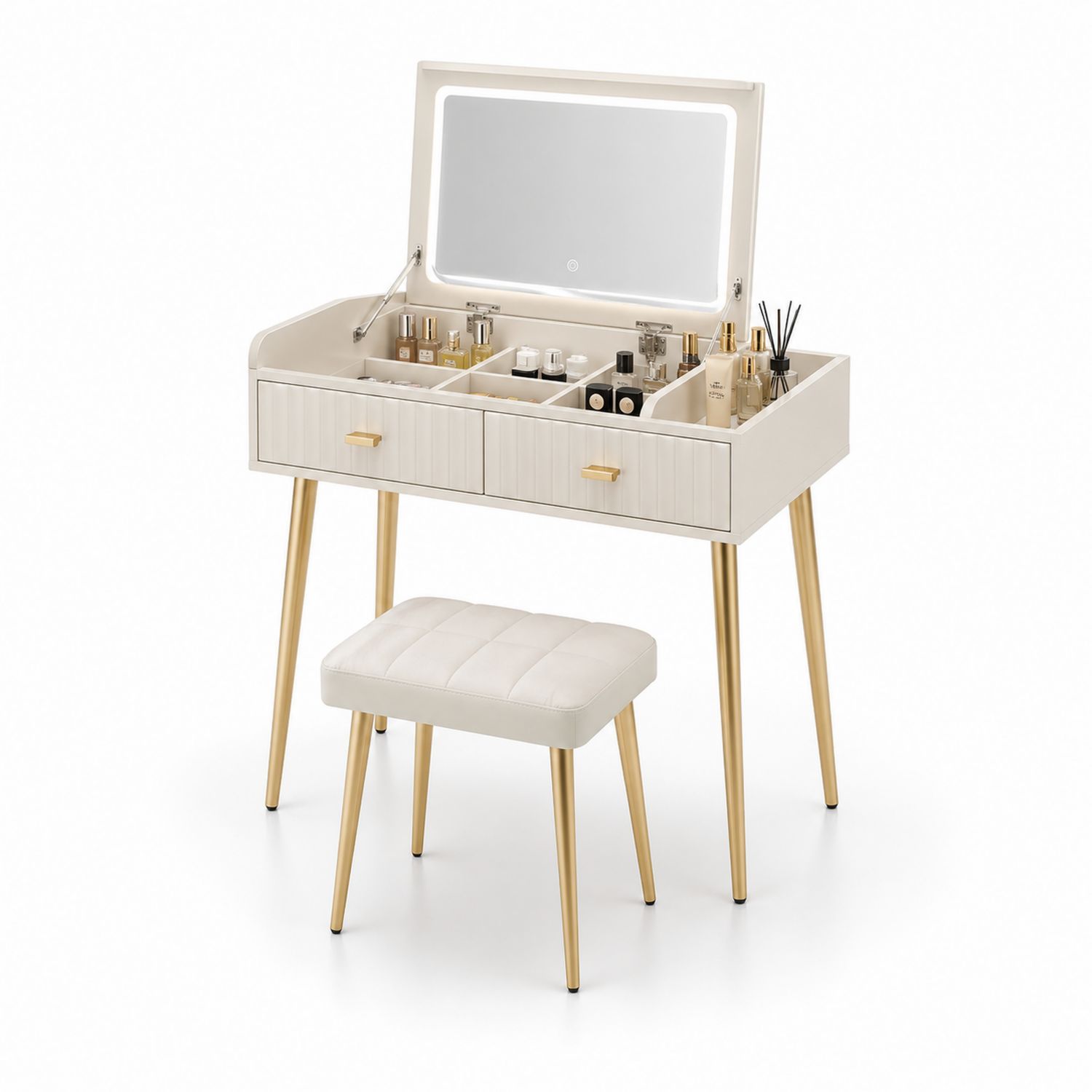 Tavolo Toeletta con Specchio LED, MDF e Gambe in Metallo Dorato, Bianco, con Sgabello Imbottito