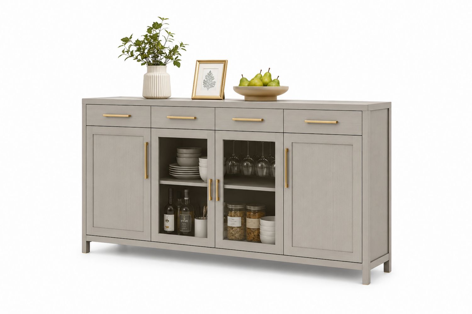 Credenza in legno grigio con ante in vetro temperato e maniglie dorate