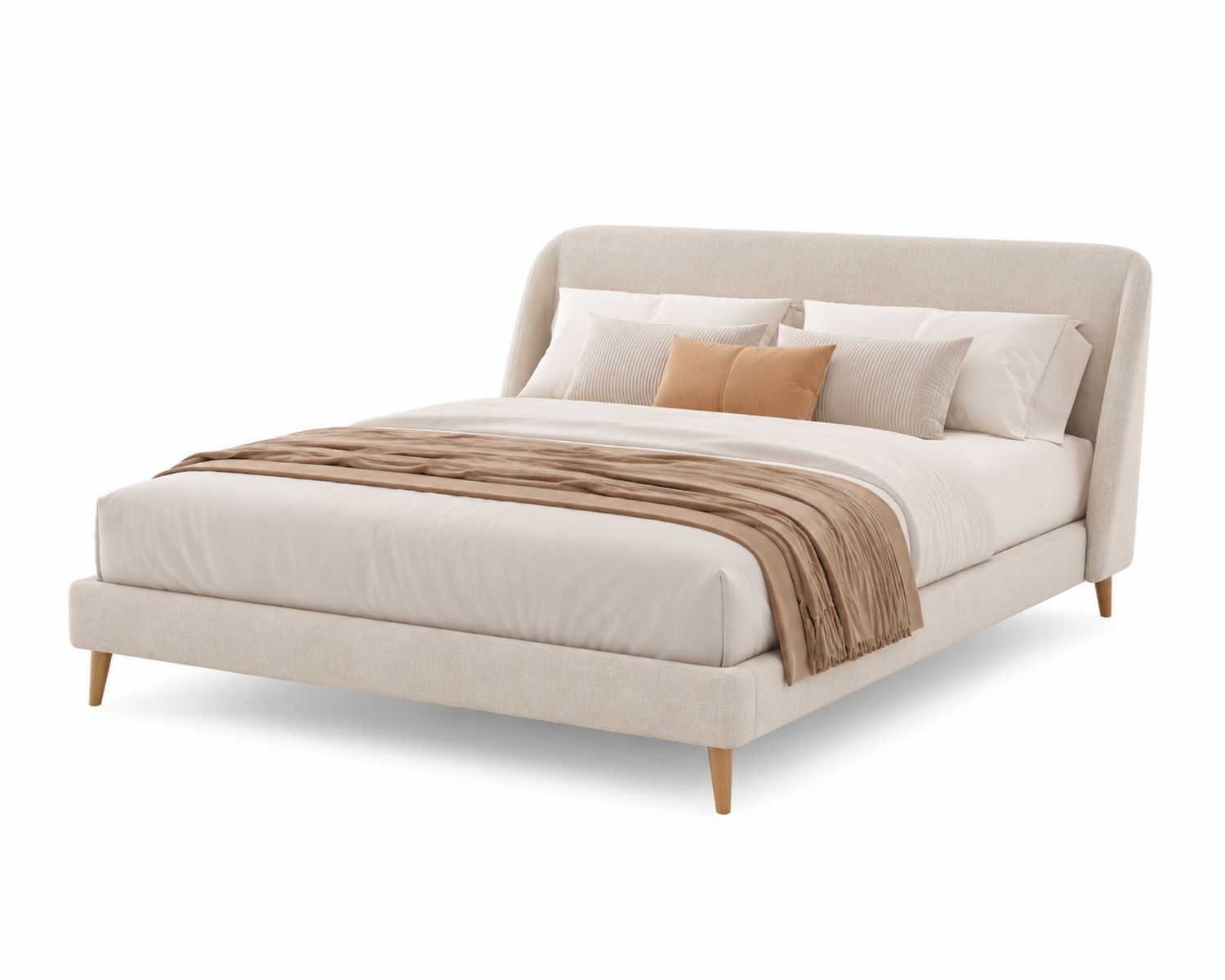 Letto matrimoniale in tessuto beige con gambe in legno