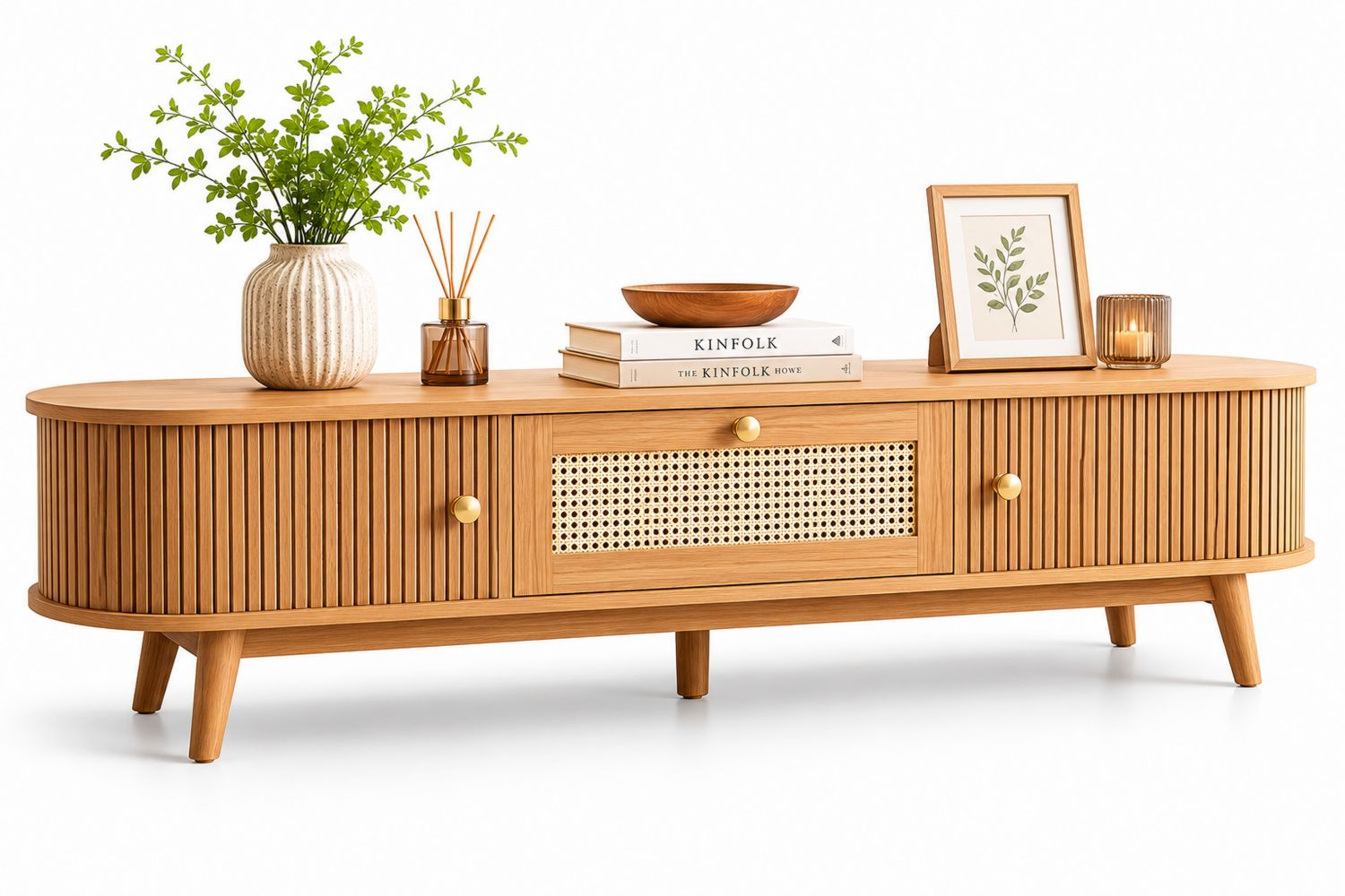 Mobile TV in Legno e Rattan Naturale con Ante Curve