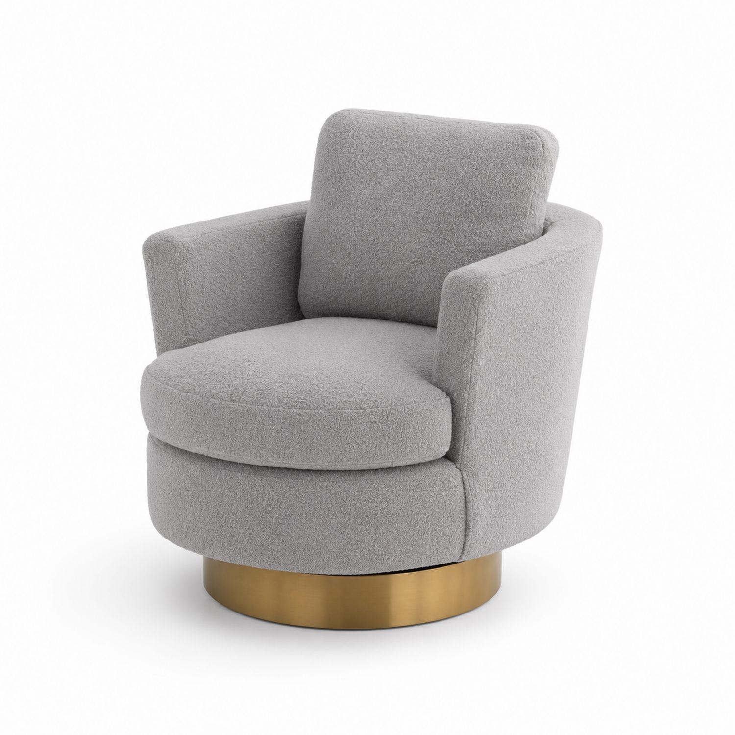 Poltrona girevole in tessuto bouclé grigio con base in metallo dorato