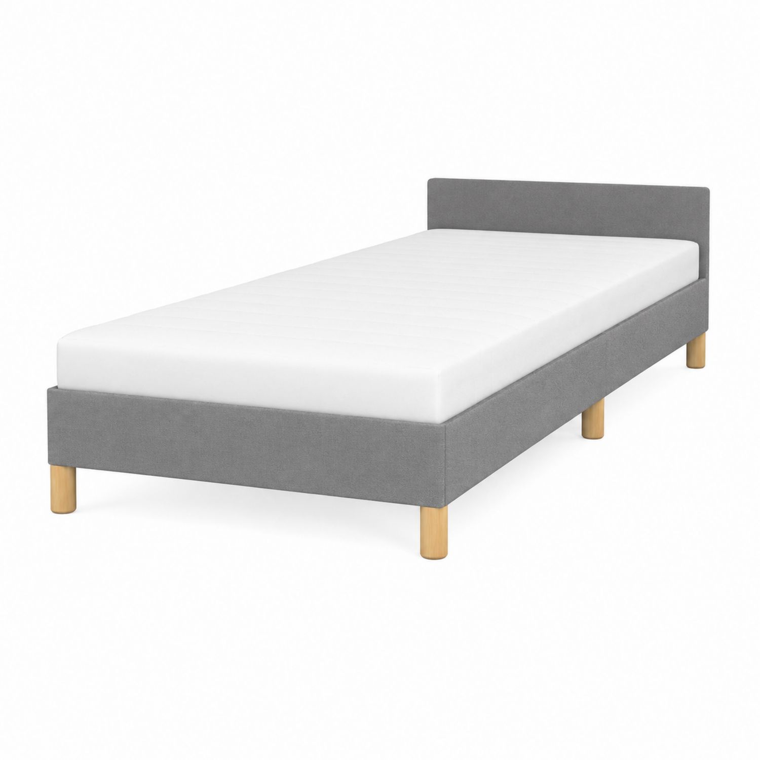 Letto singolo imbottito grigio con gambe in legno