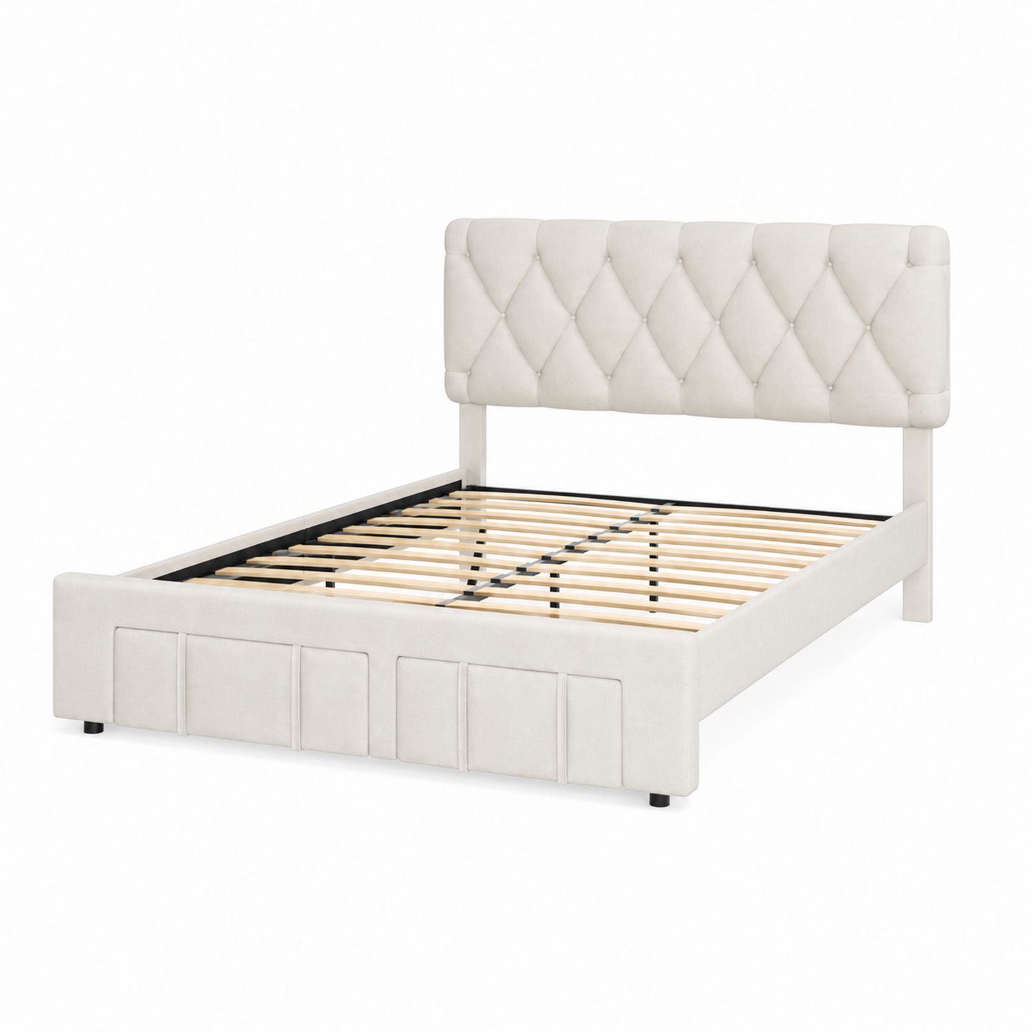 Letto matrimoniale con testiera trapuntata in Tessuto Beige e Struttura in Legno